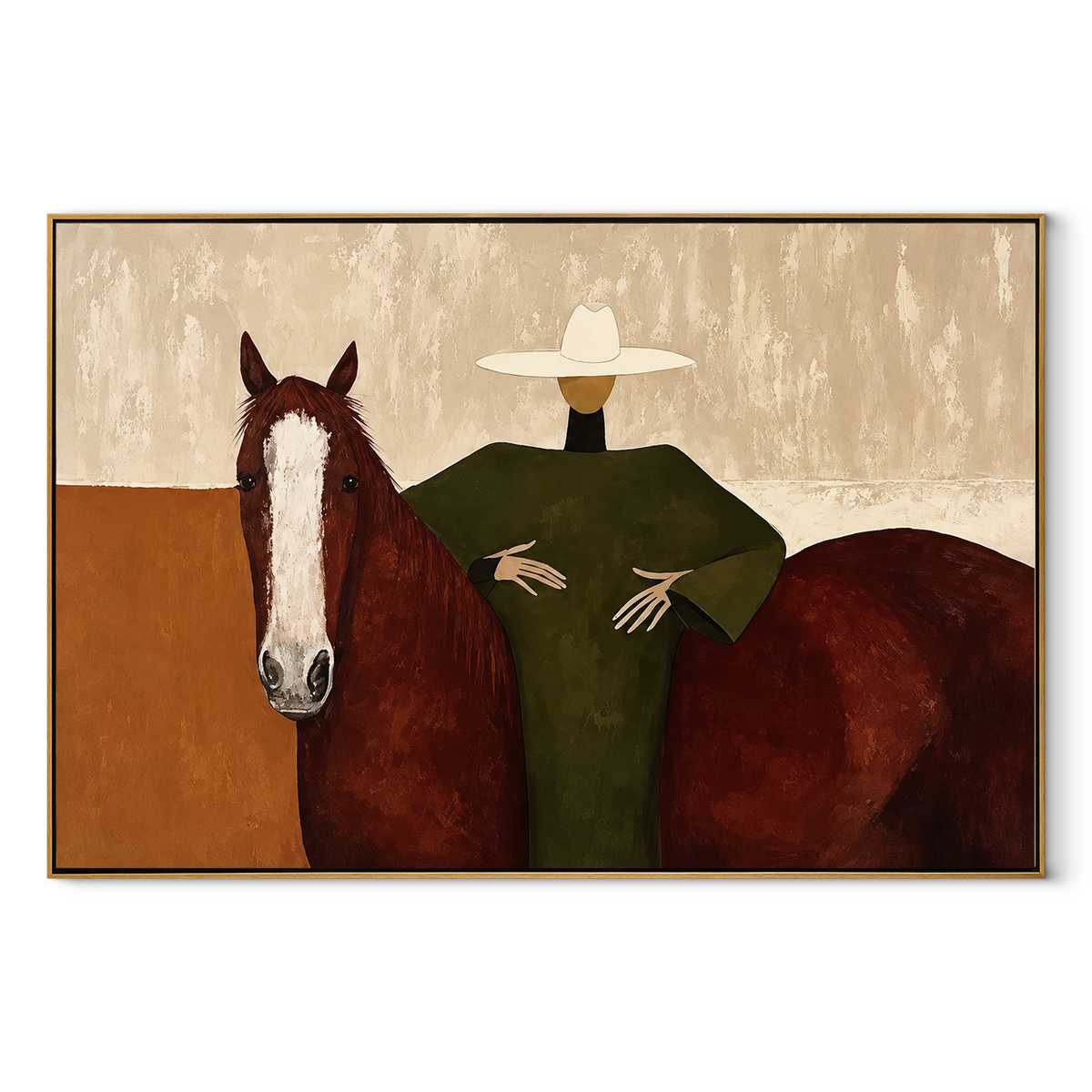Still Rider in Sage - cowgirl on horse painting in a wood frame on white