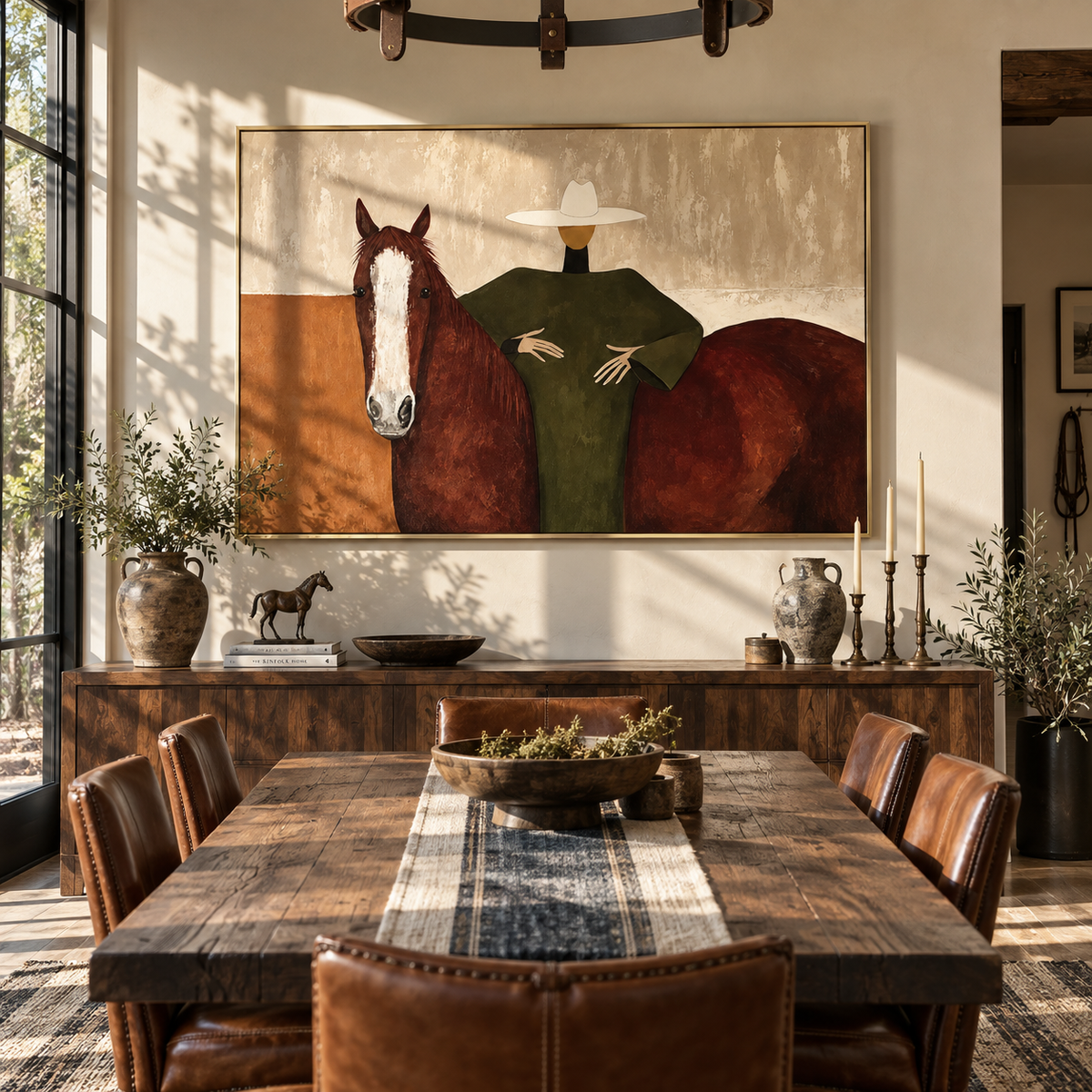 Still Rider in Sage - cowgirl on horse painting shown in modern room setting 2