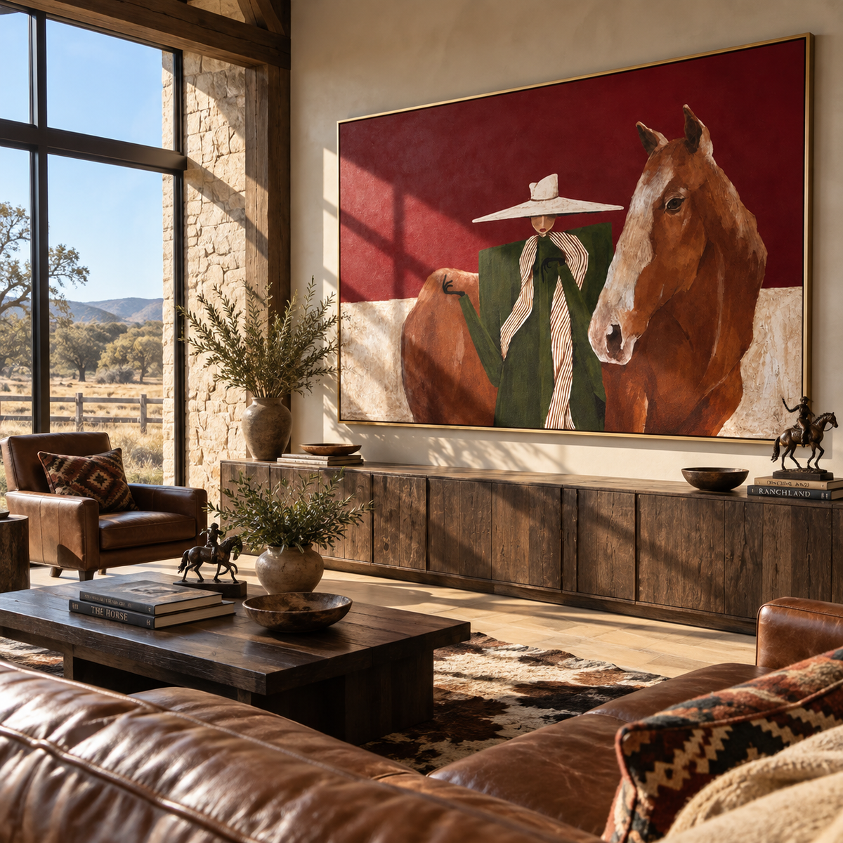 Two Brims in Burgundy - cowgirls with horses painting displayed in a styled interior