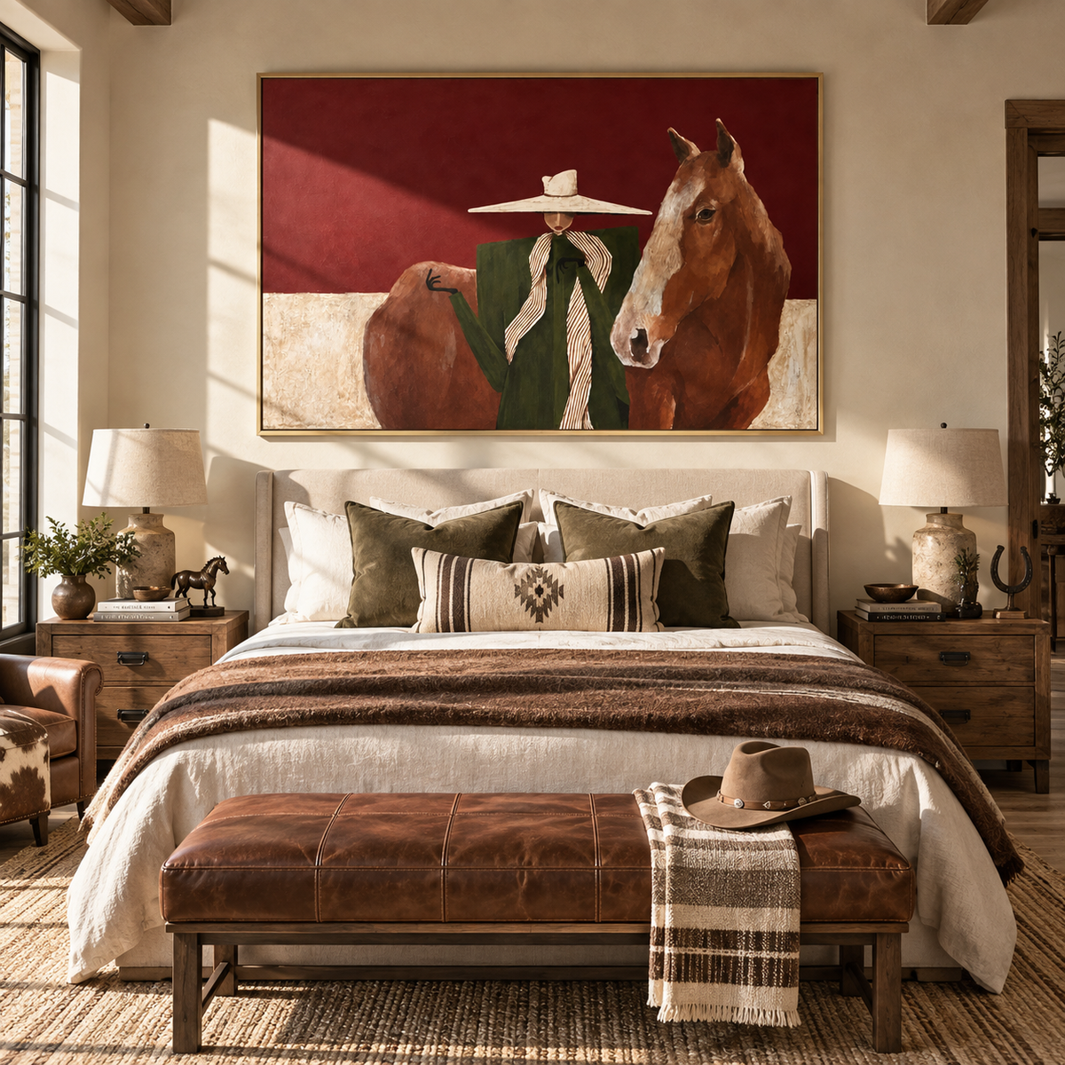 Two Brims in Burgundy - cowgirls with horses painting shown in modern room setting 3