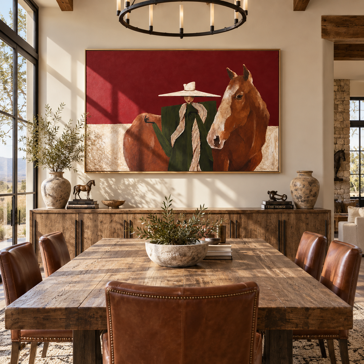 Two Brims in Burgundy - cowgirls with horses painting shown in modern room setting 4