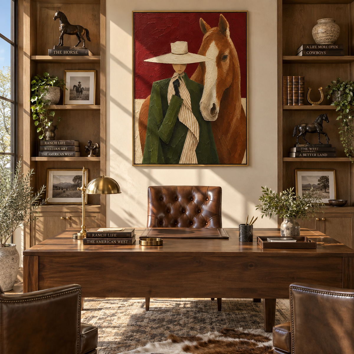 Scarlet Brim Close Company - cowgirl and horse painting shown in modern room setting 5