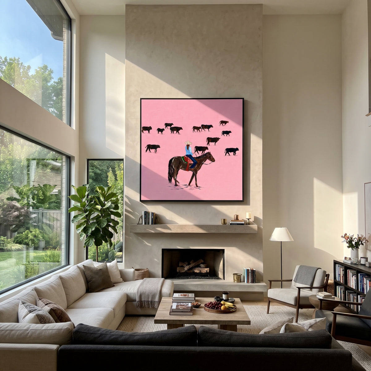 Pink Range Roundup - cowboy herding cattle painting displayed in a styled interior