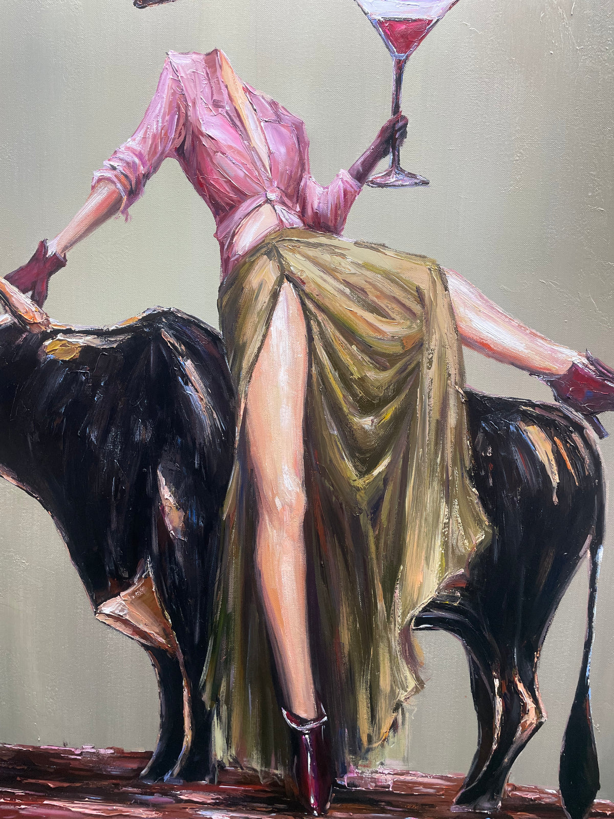 Brim Above the Bull – Olive Western Woman and Black Bull Painting | Vintage Americana Square Wall Art