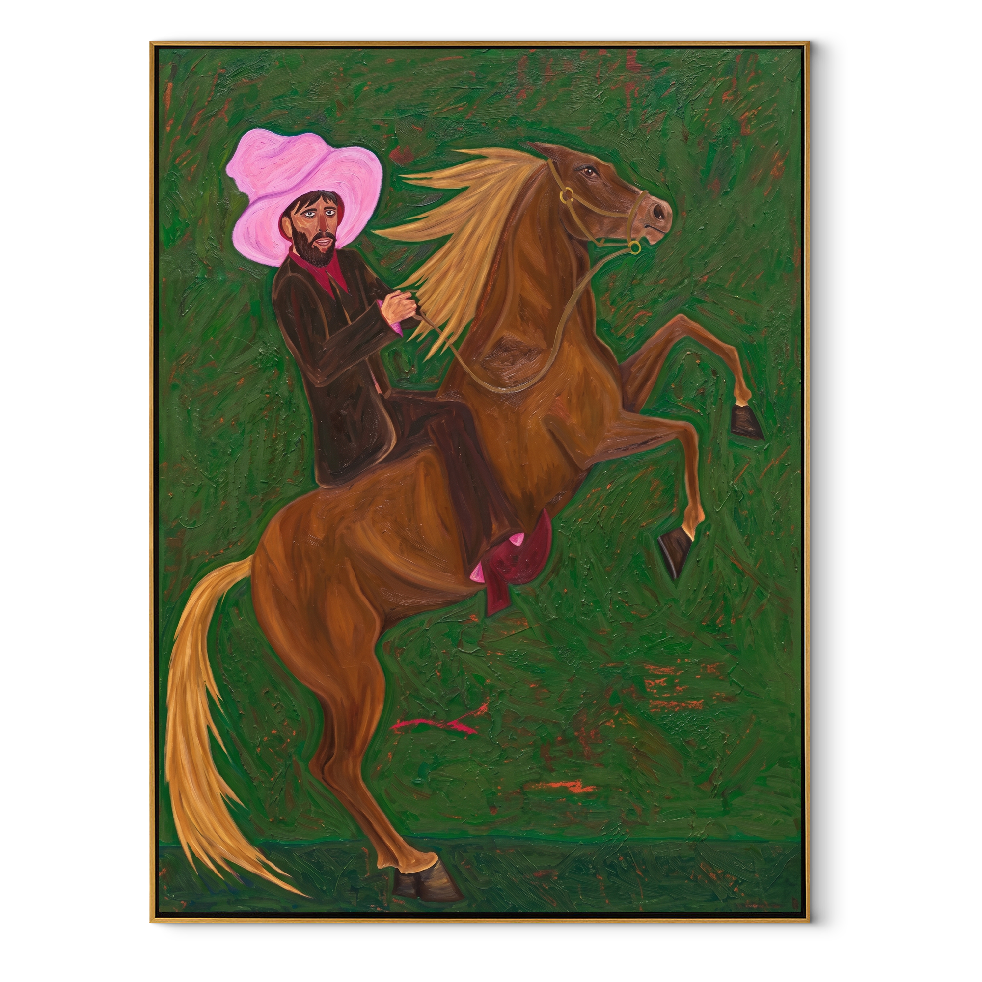 Pink Brim Raises Thunder equestrian horse painting, vertical canvas artwork