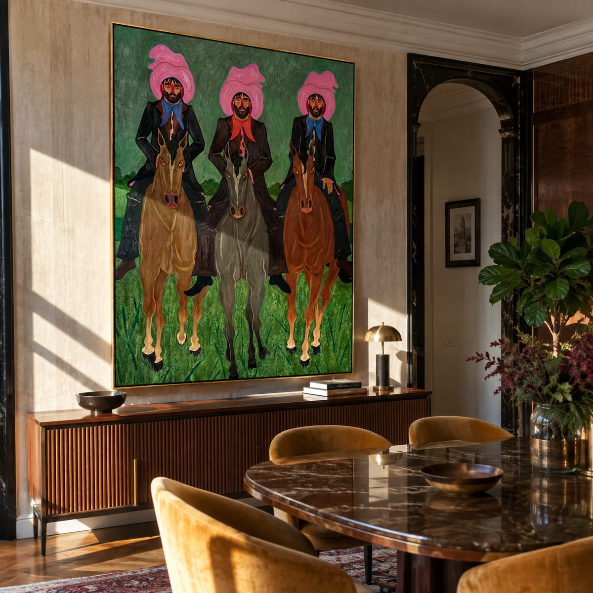 Three Riders Hold Formation displayed in a collected contemporary interior