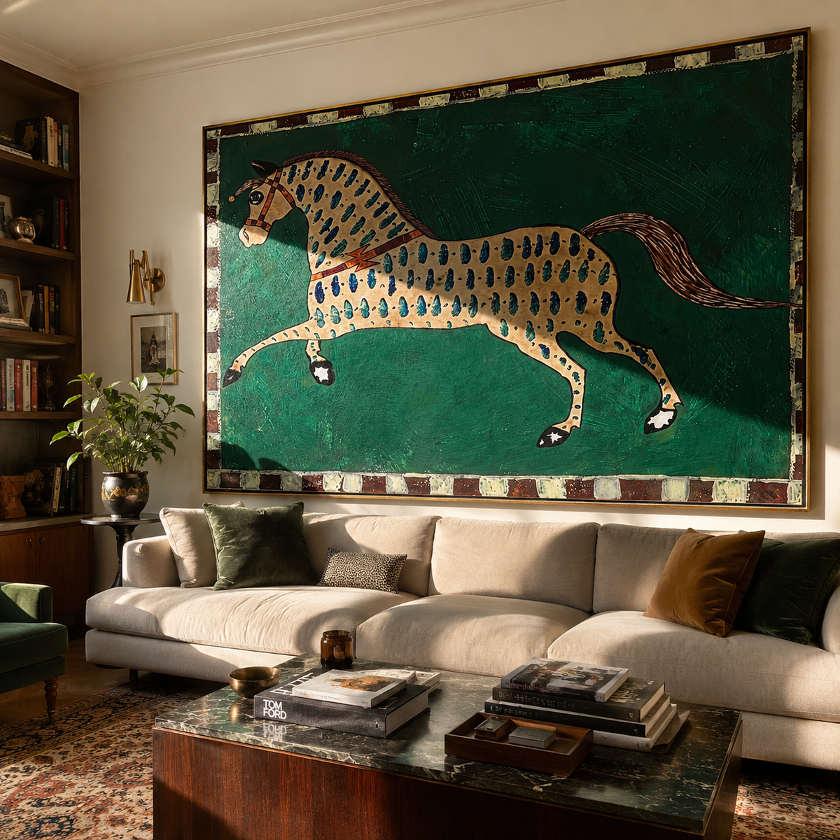 Emerald Spots Run Free displayed in a collected contemporary interior