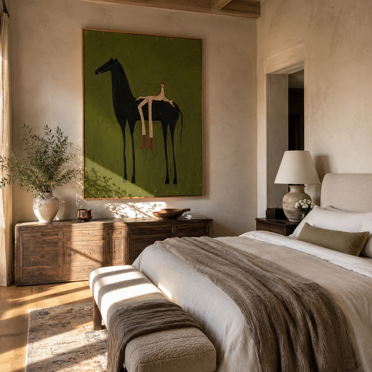Long Legs Sit Olive displayed in a collected contemporary interior