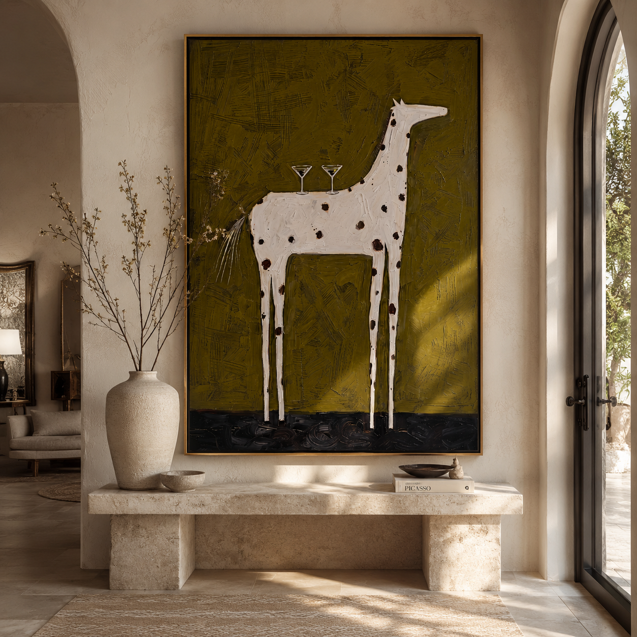 Three Glasses Balance High styled with warm modern furnishings