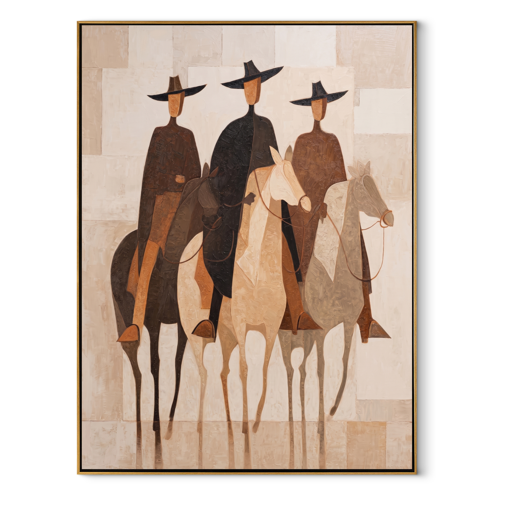 Three Hats Ride Pale equestrian horse painting, vertical canvas artwork