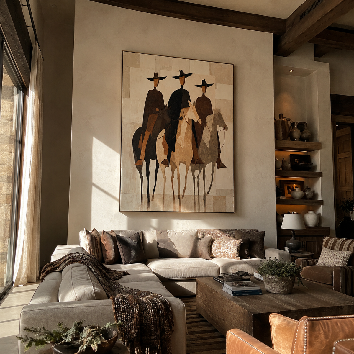 Three Hats Ride Pale styled with wood, linen, and modern decor