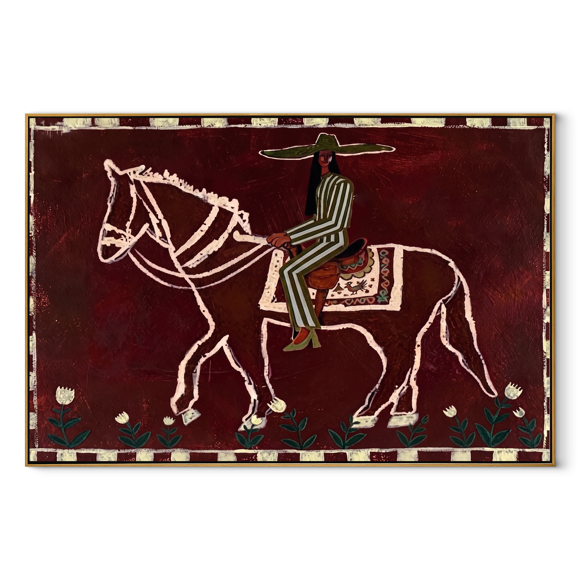 Burgundy Bones Keep Time equestrian horse painting, horizontal canvas artwork