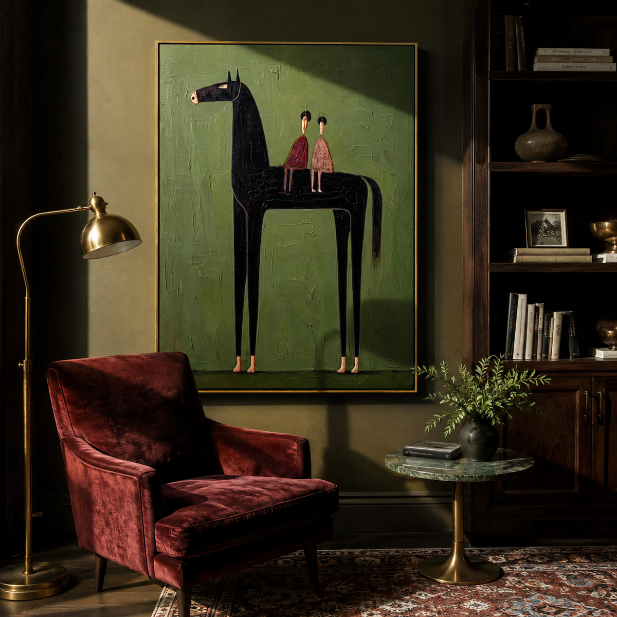 Two Riders Share Silence styled with wood, linen, and modern decor