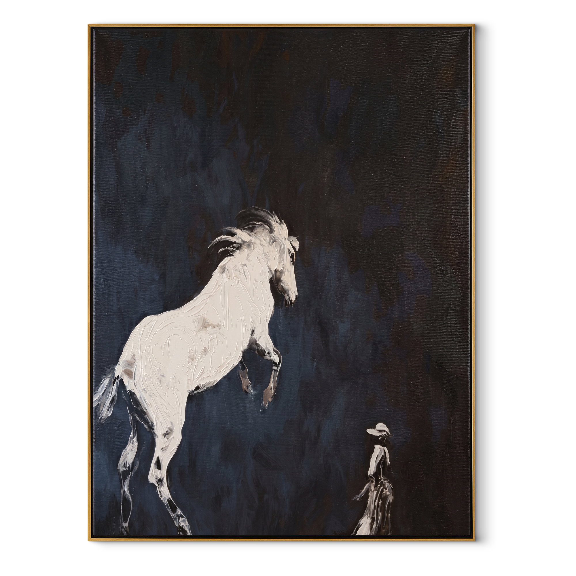 White Horse Meets Keeper equestrian horse painting, vertical canvas artwork