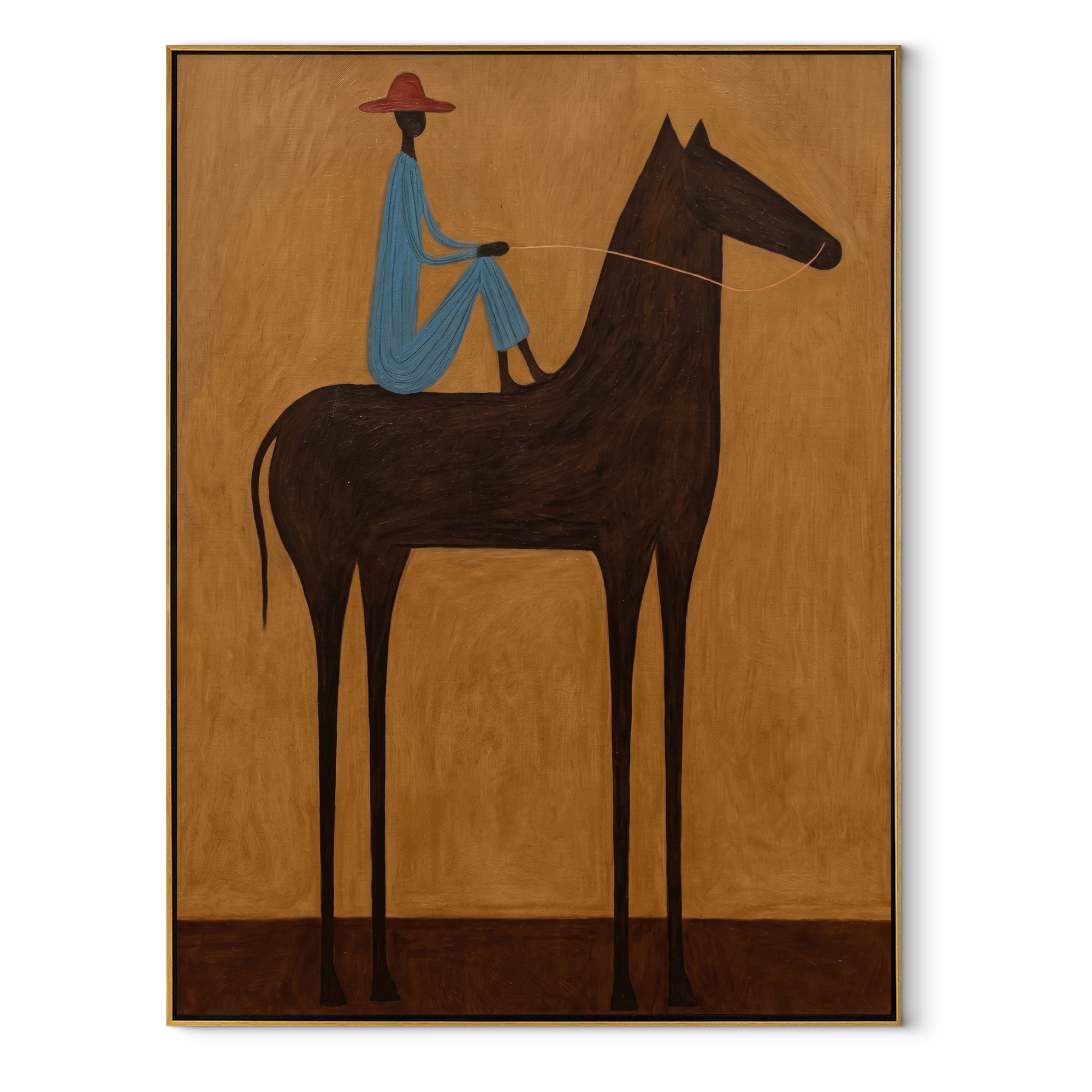 Blue Rider Crosses Ochre equestrian horse painting, vertical canvas artwork