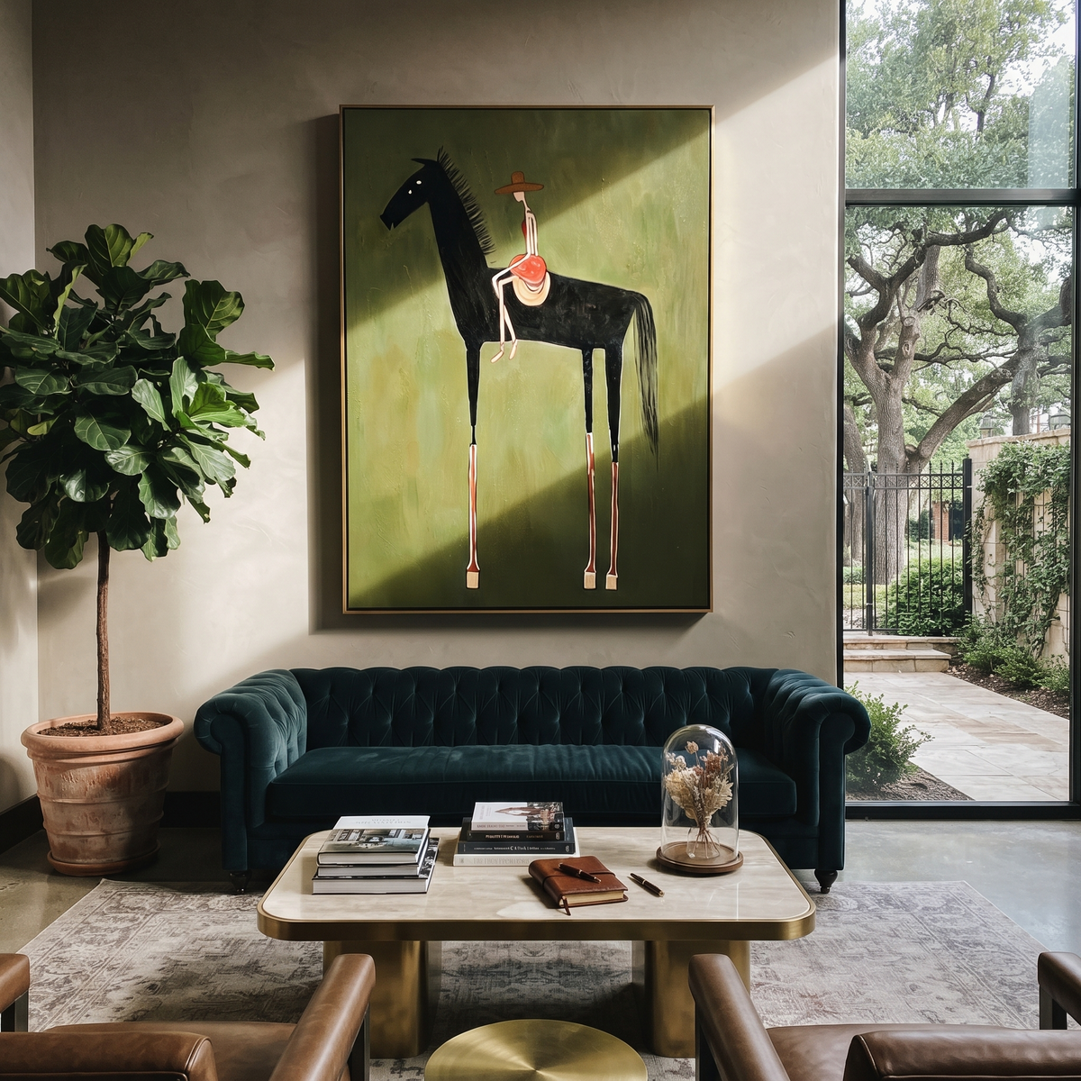 Red Hat Rides Midnight displayed in a collected contemporary interior
