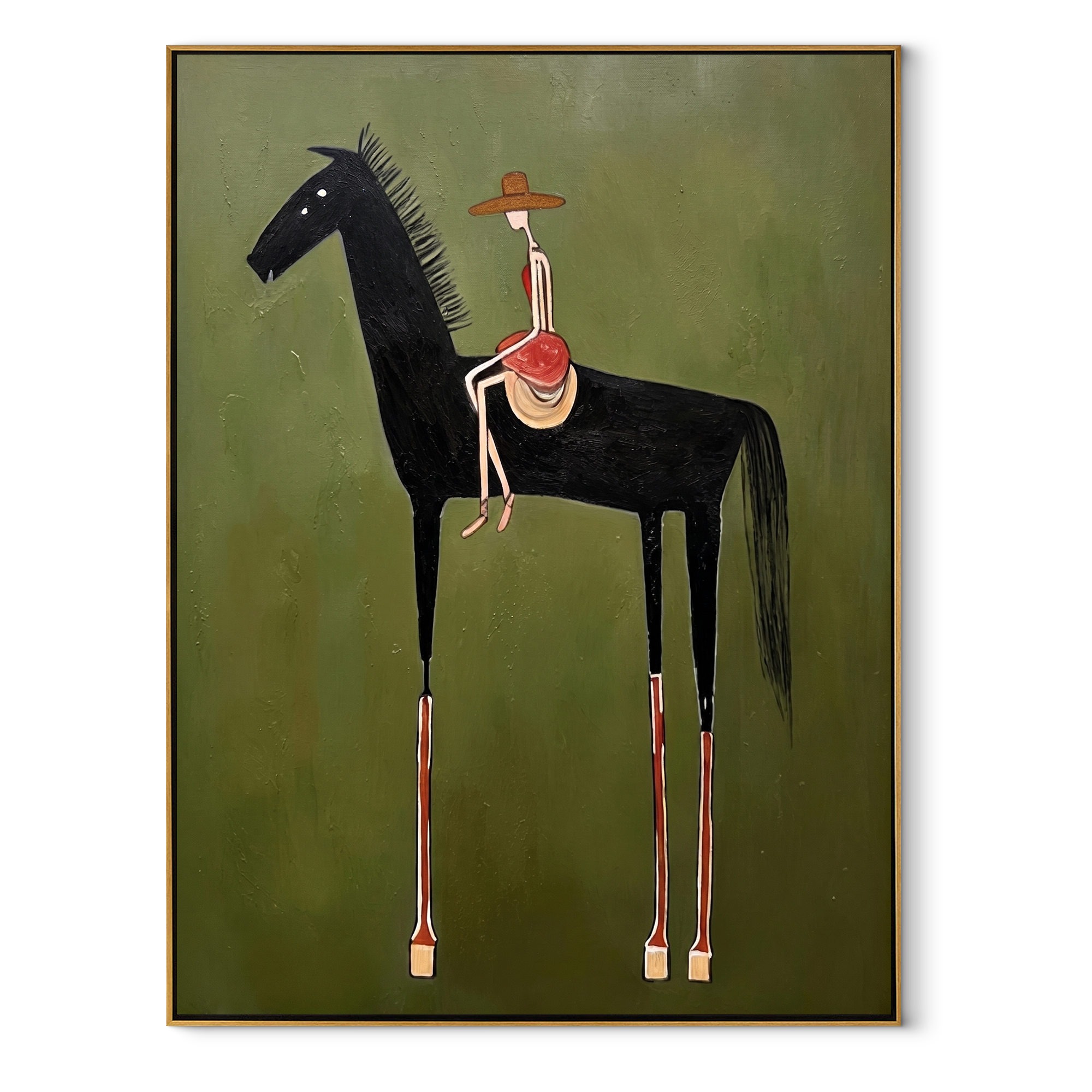 Red Hat Rides Midnight equestrian horse painting, vertical canvas artwork