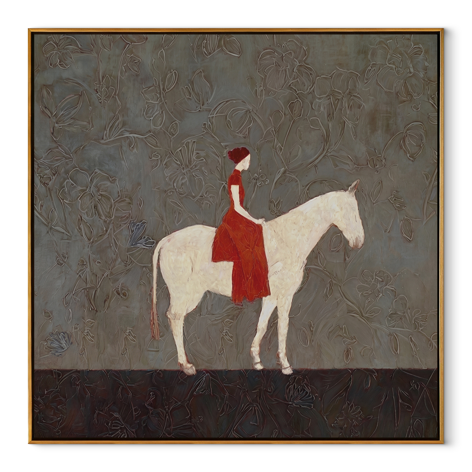 Scarlet Woman Rides Ivory equestrian horse painting, square canvas artwork
