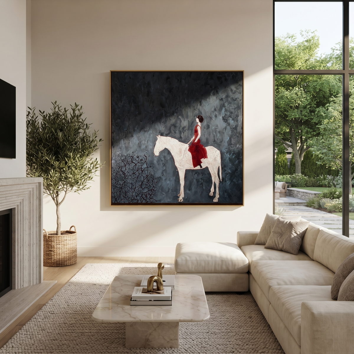 Scarlet Rider Meets Snow presented as a colorful interior focal point
