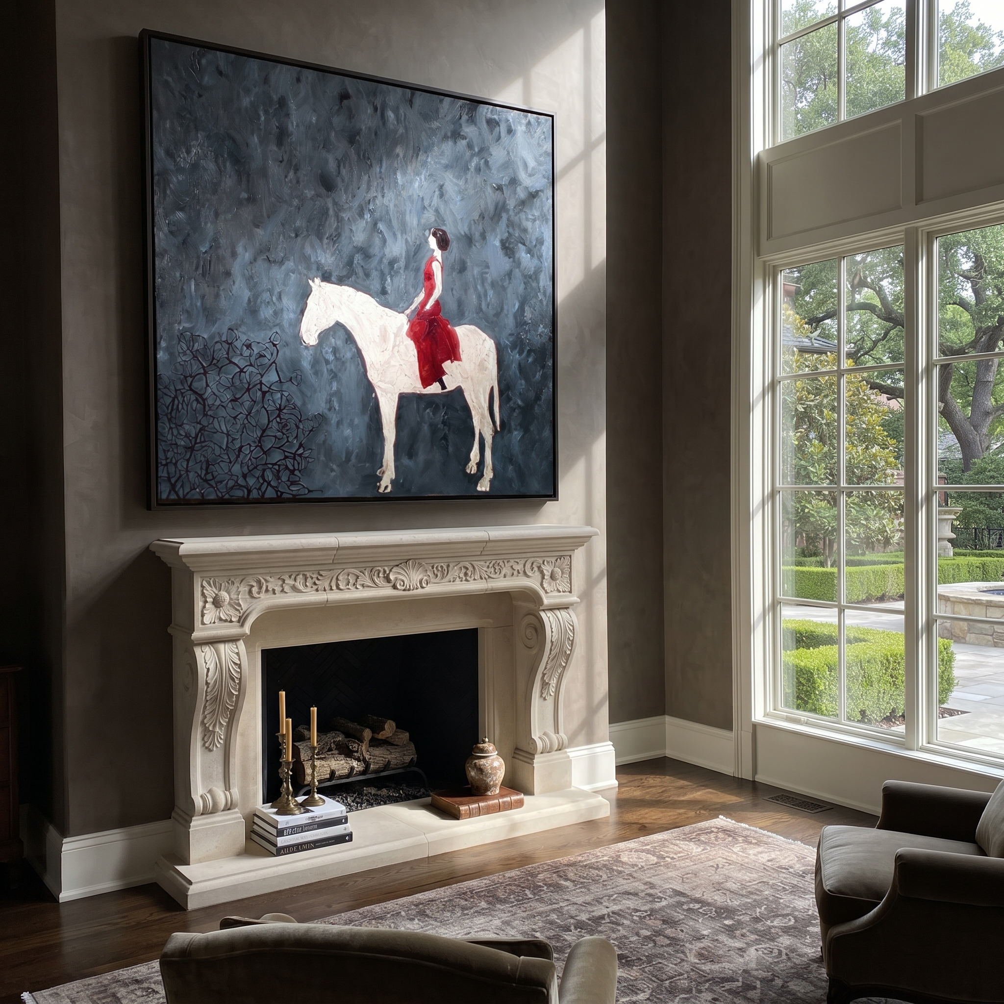 Scarlet Rider Meets Snow displayed in a layered residential setting