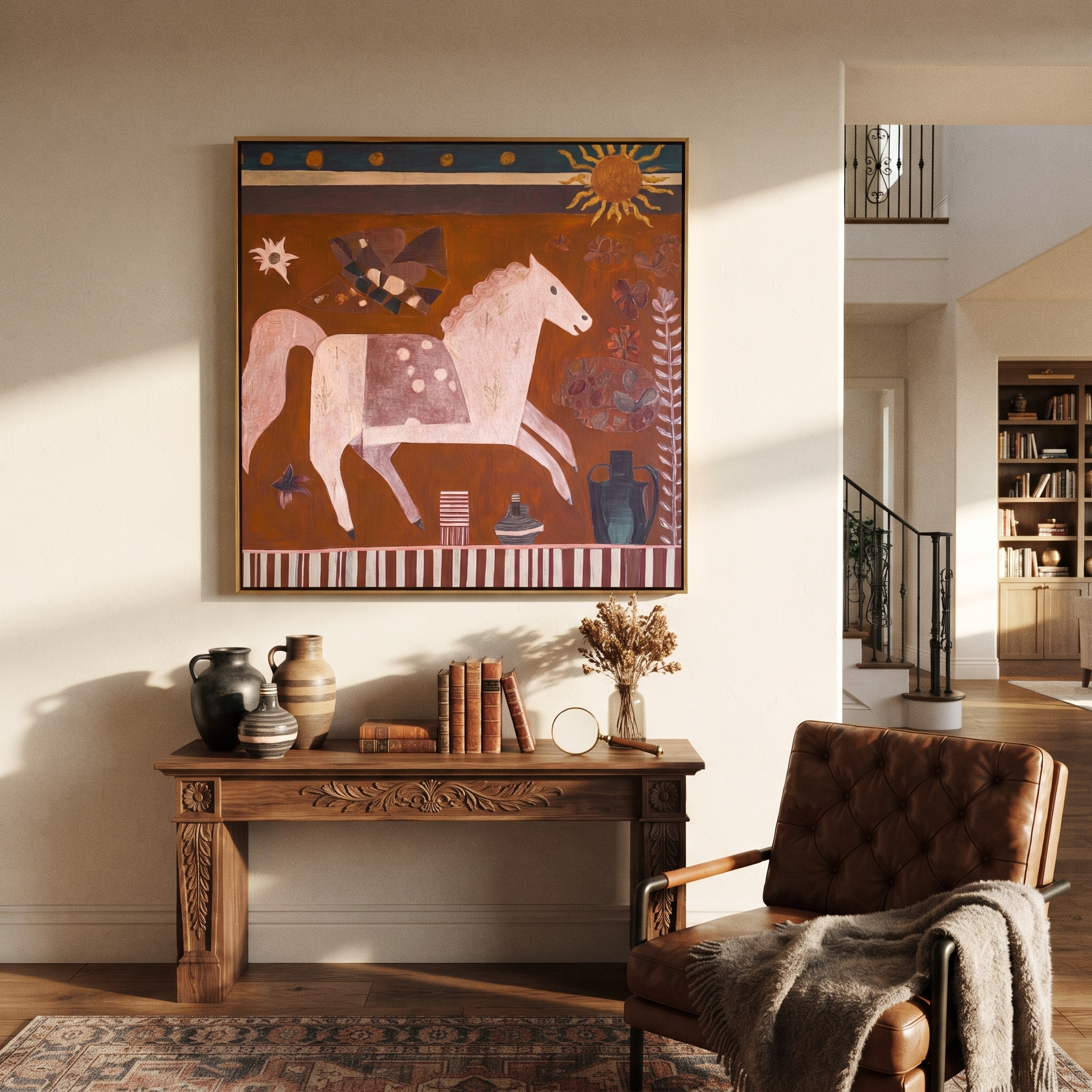 Sun Watches Painted Horses presented as a colorful interior focal point