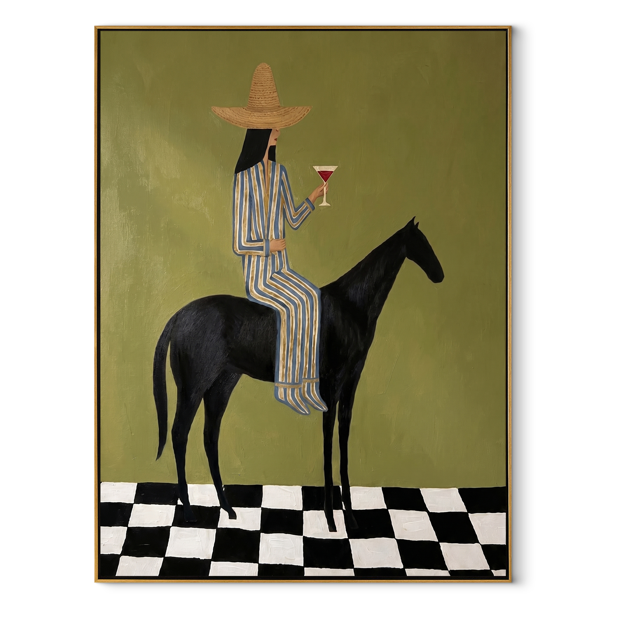 Striped Rider Crosses Checks equestrian horse painting, vertical canvas artwork