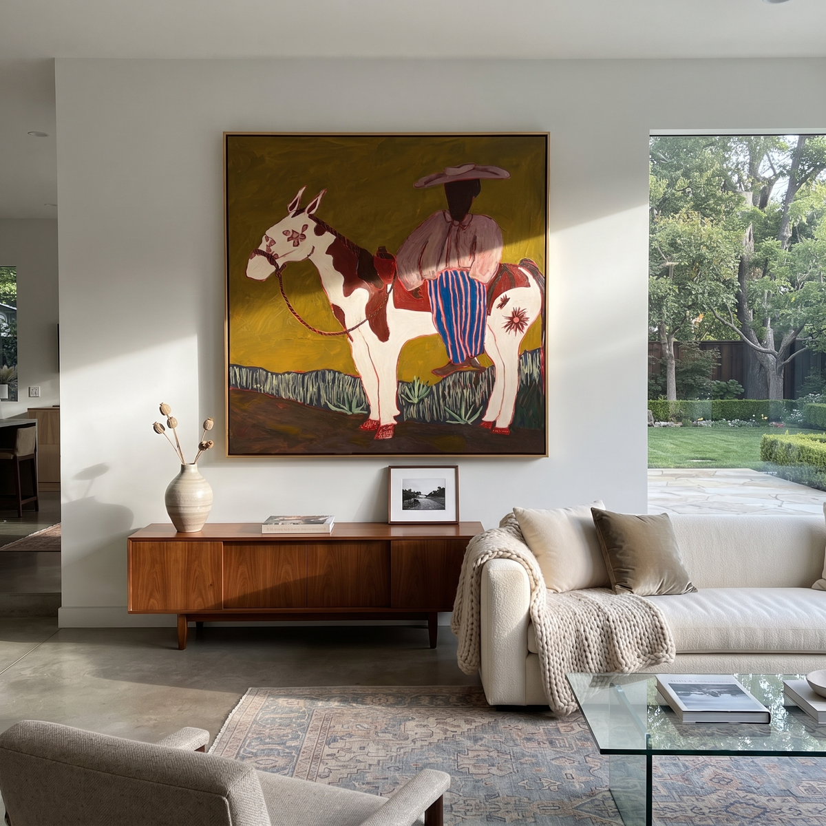Lavender Rider Meets Pinto displayed in a collected contemporary interior
