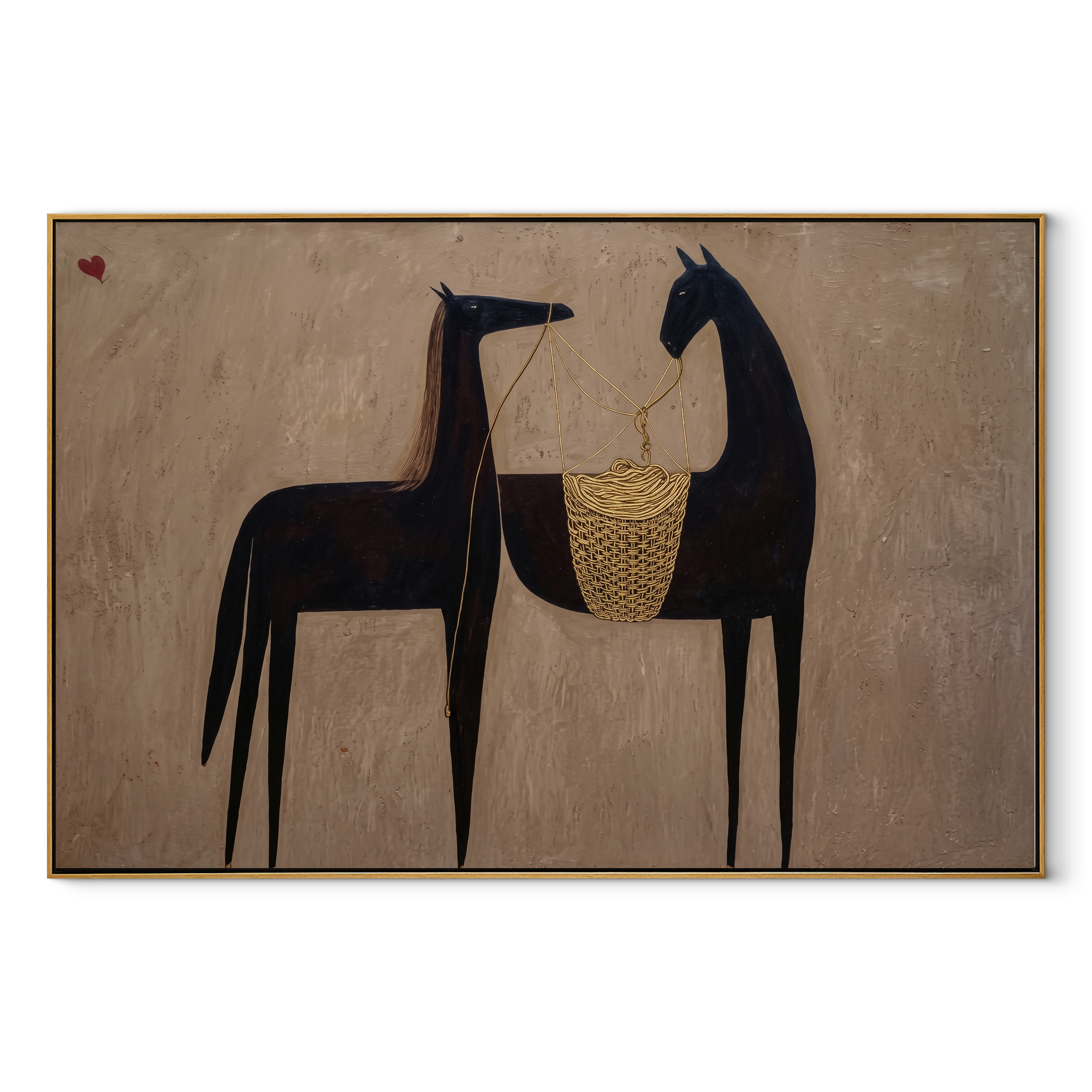 Two Black Horses Confer equestrian horse painting, horizontal canvas artwork