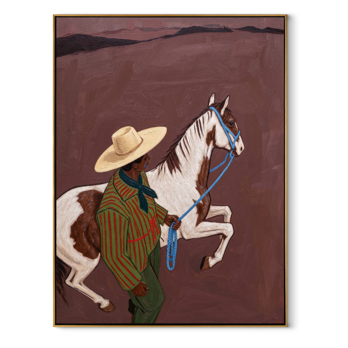 Striped Cowboy Calms Pinto equestrian horse painting, vertical canvas artwork