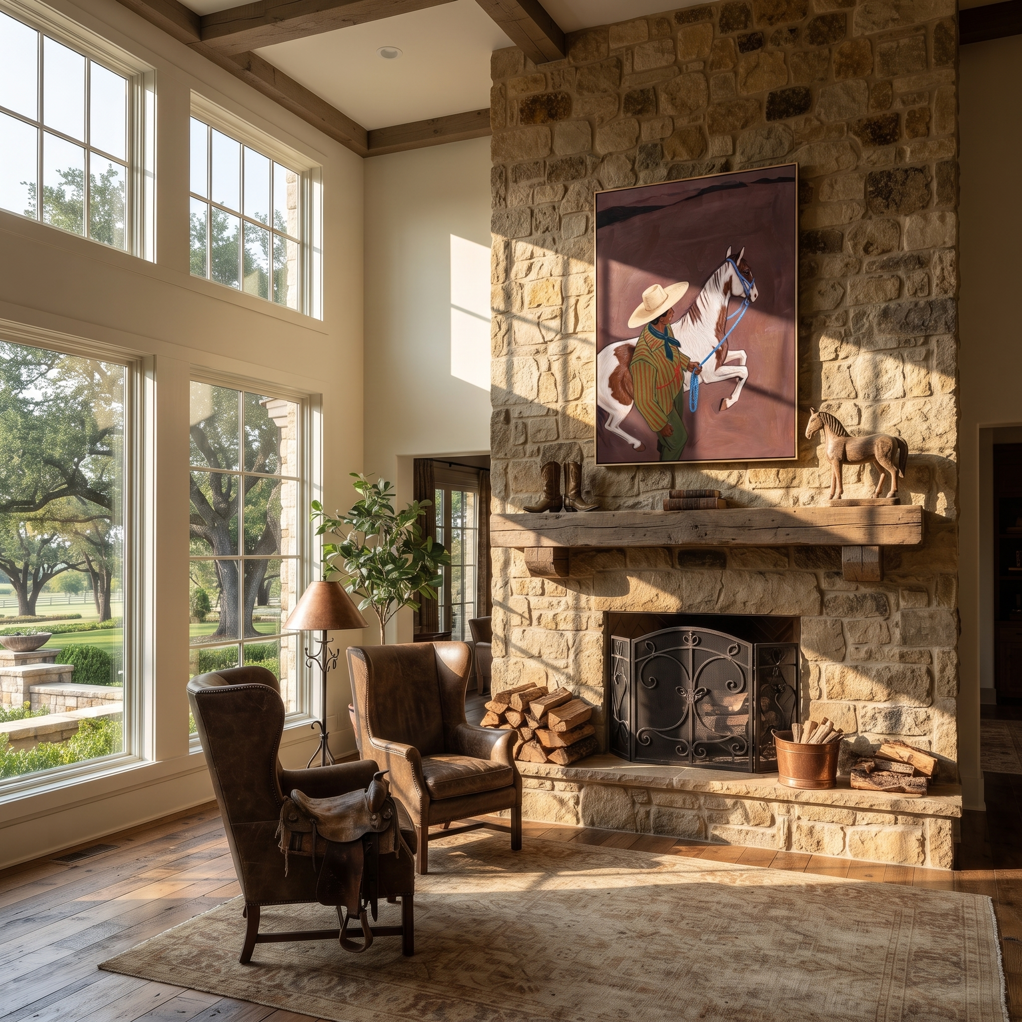 Striped Cowboy Calms Pinto styled with warm modern furnishings