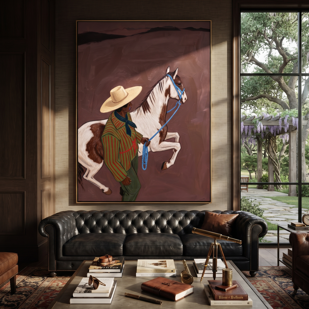 Striped Cowboy Calms Pinto presented as a colorful interior focal point