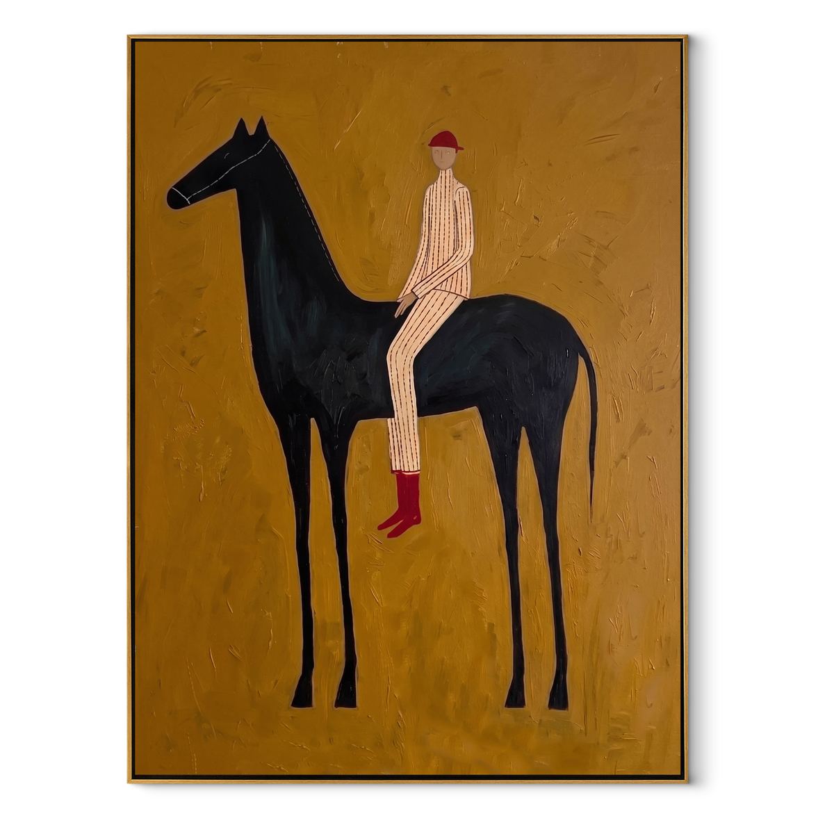 Pale Stripes Ride Ochre equestrian horse painting, vertical canvas artwork
