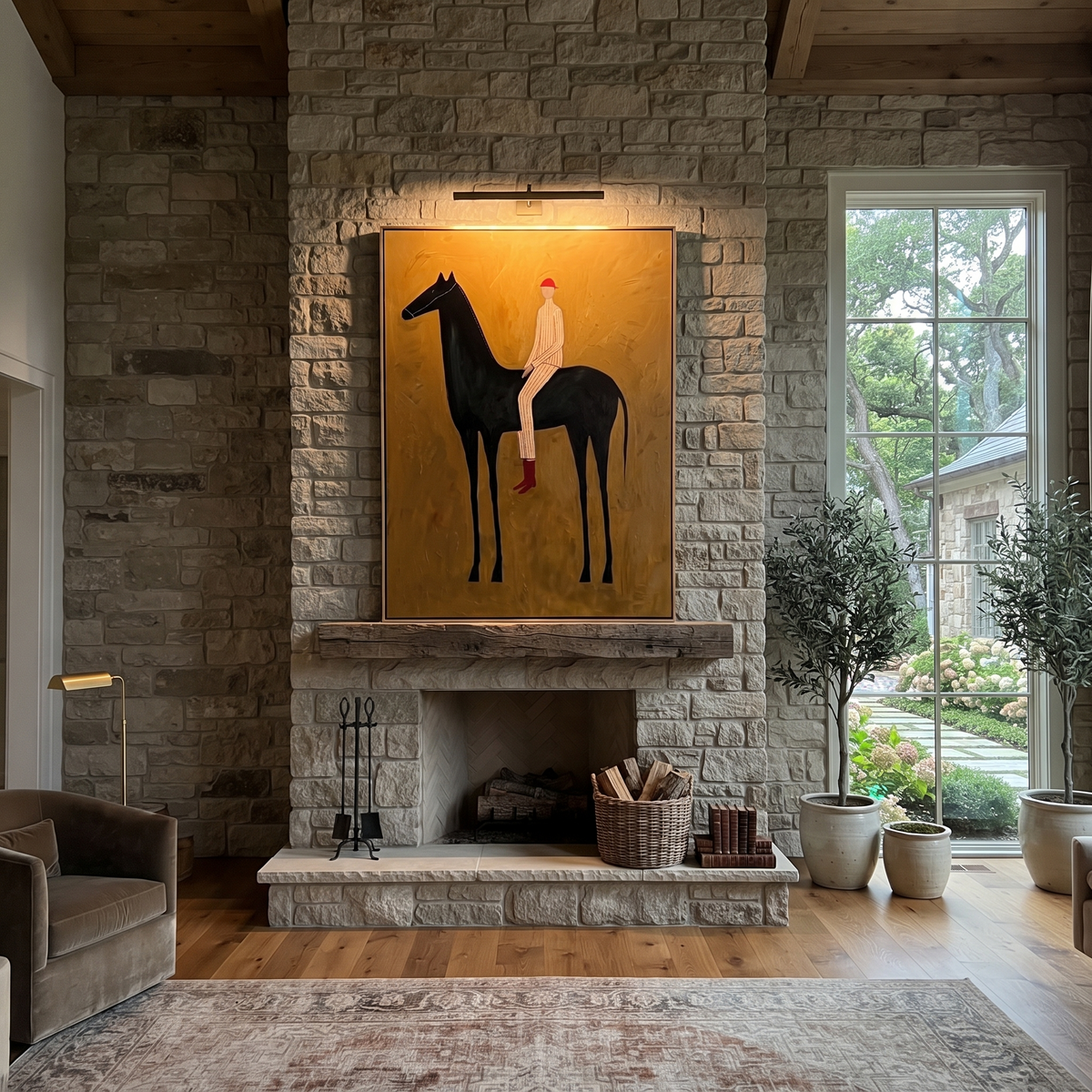 Pale Stripes Ride Ochre styled with wood, linen, and modern decor