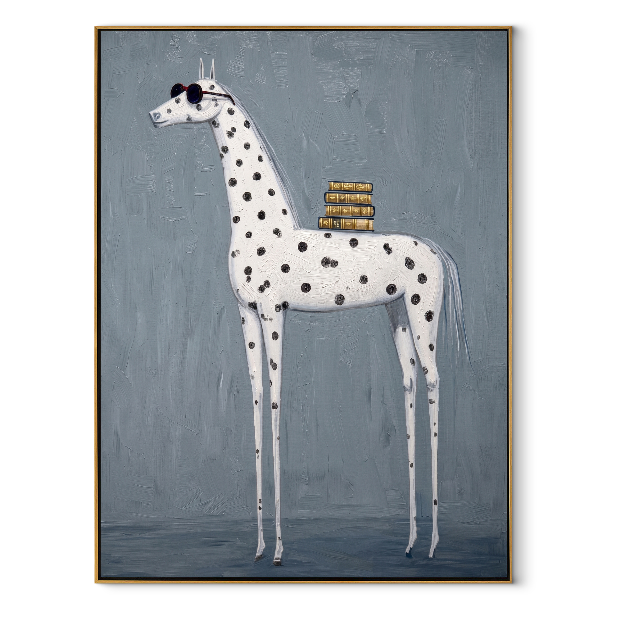 Spotted Horse Carries Books equestrian horse painting, vertical canvas artwork