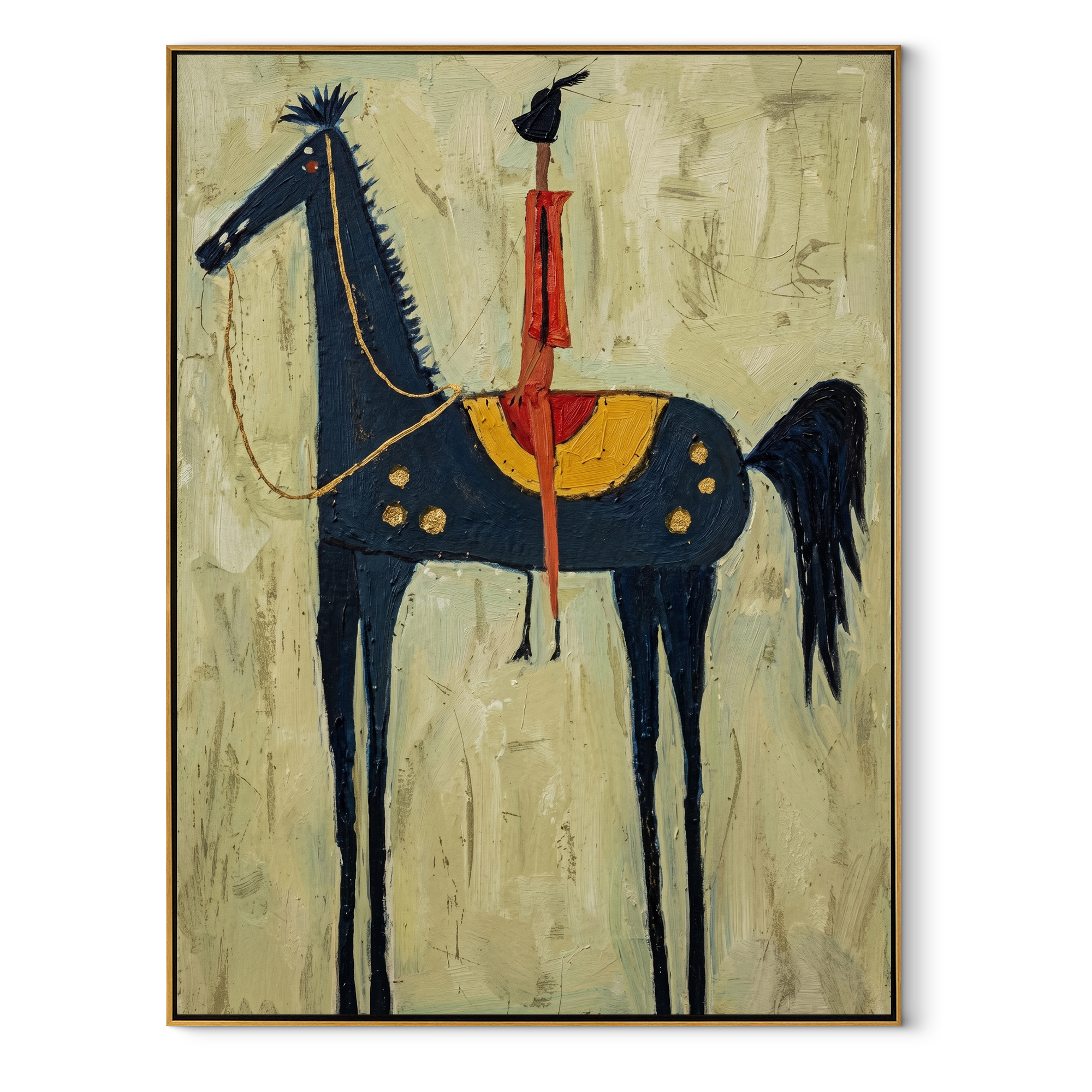 Scarlet Rider Crowns Midnight equestrian horse painting, vertical canvas artwork