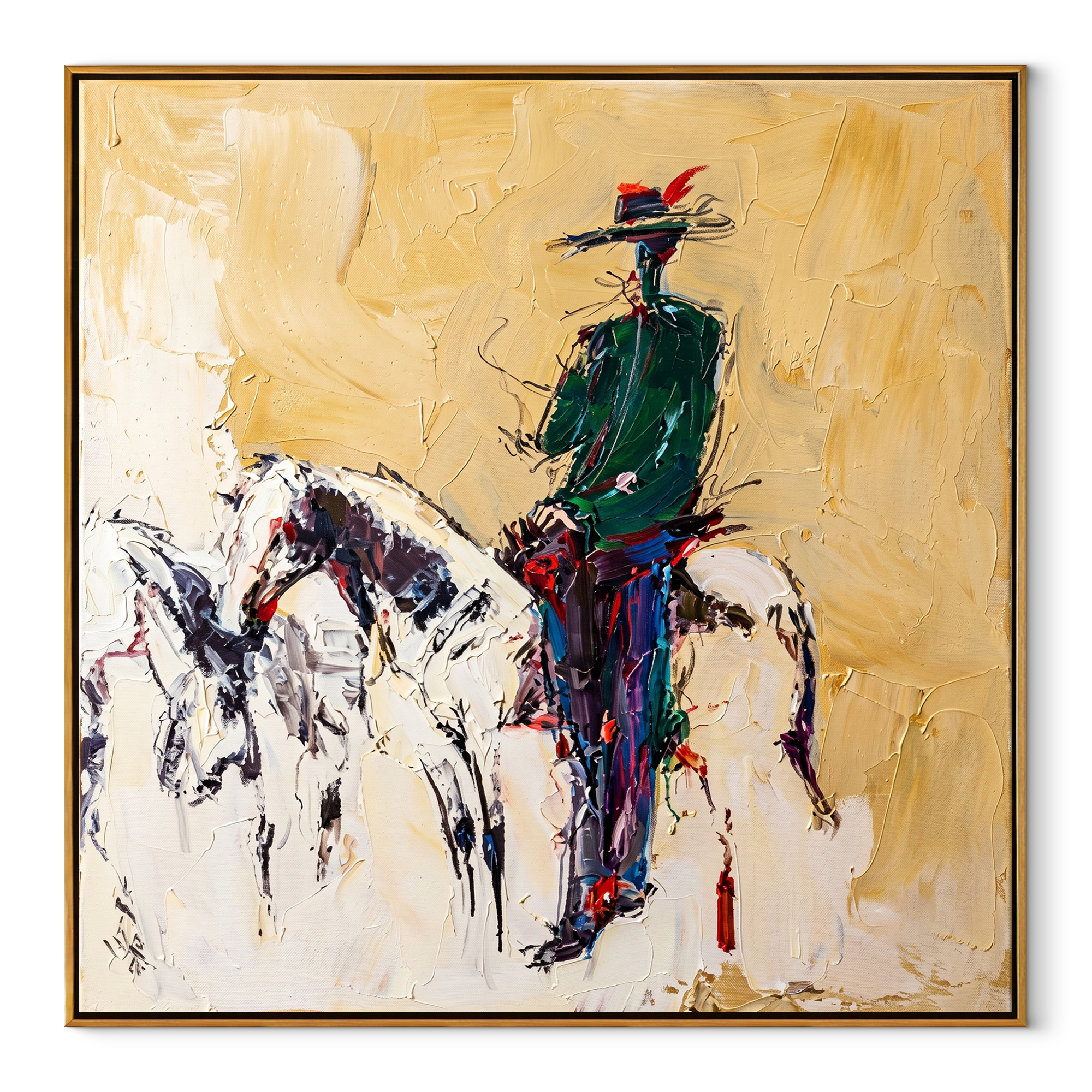 Green Rider Dissolves Light equestrian horse painting, square canvas artwork