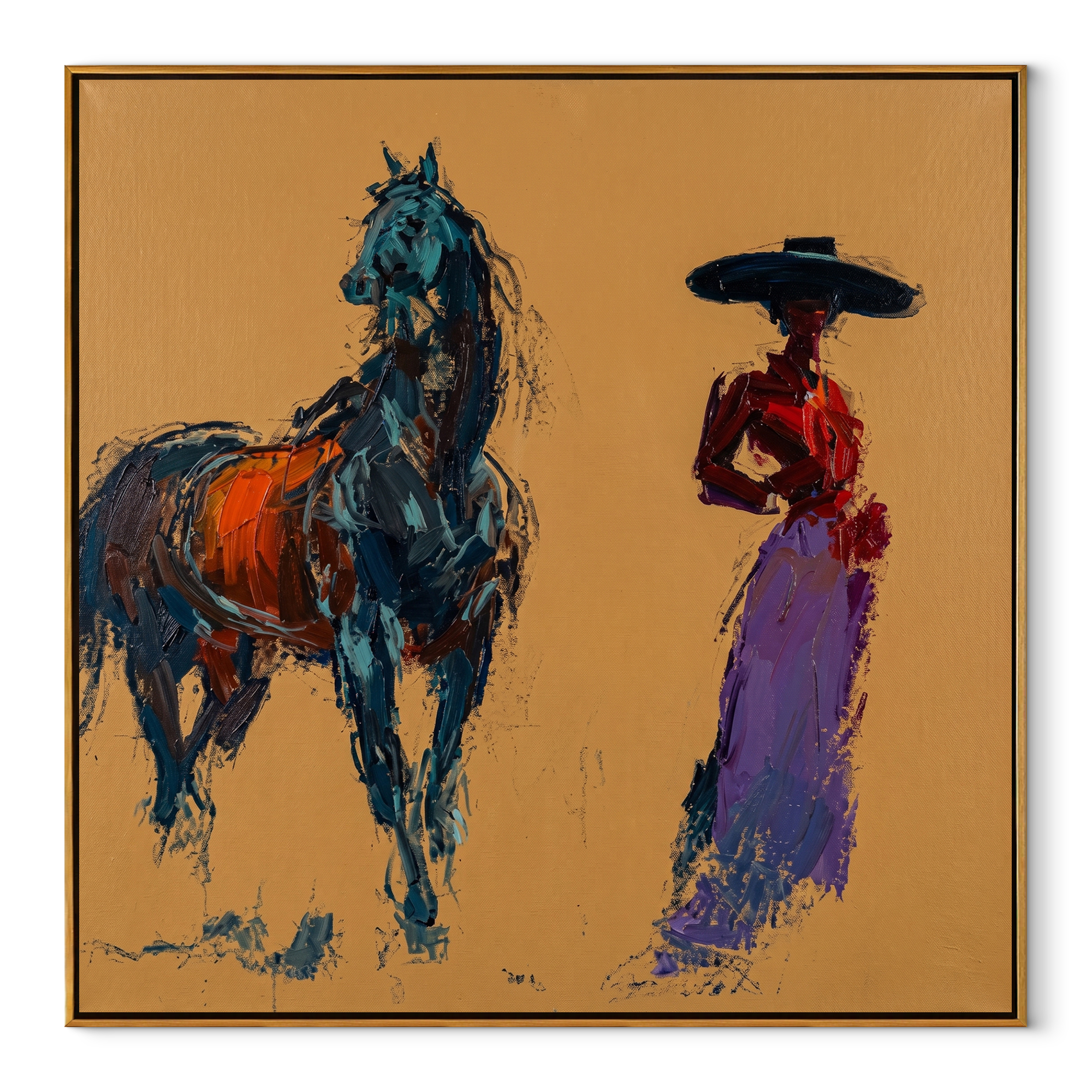 Violet Woman Meets Blue equestrian horse painting, square canvas artwork