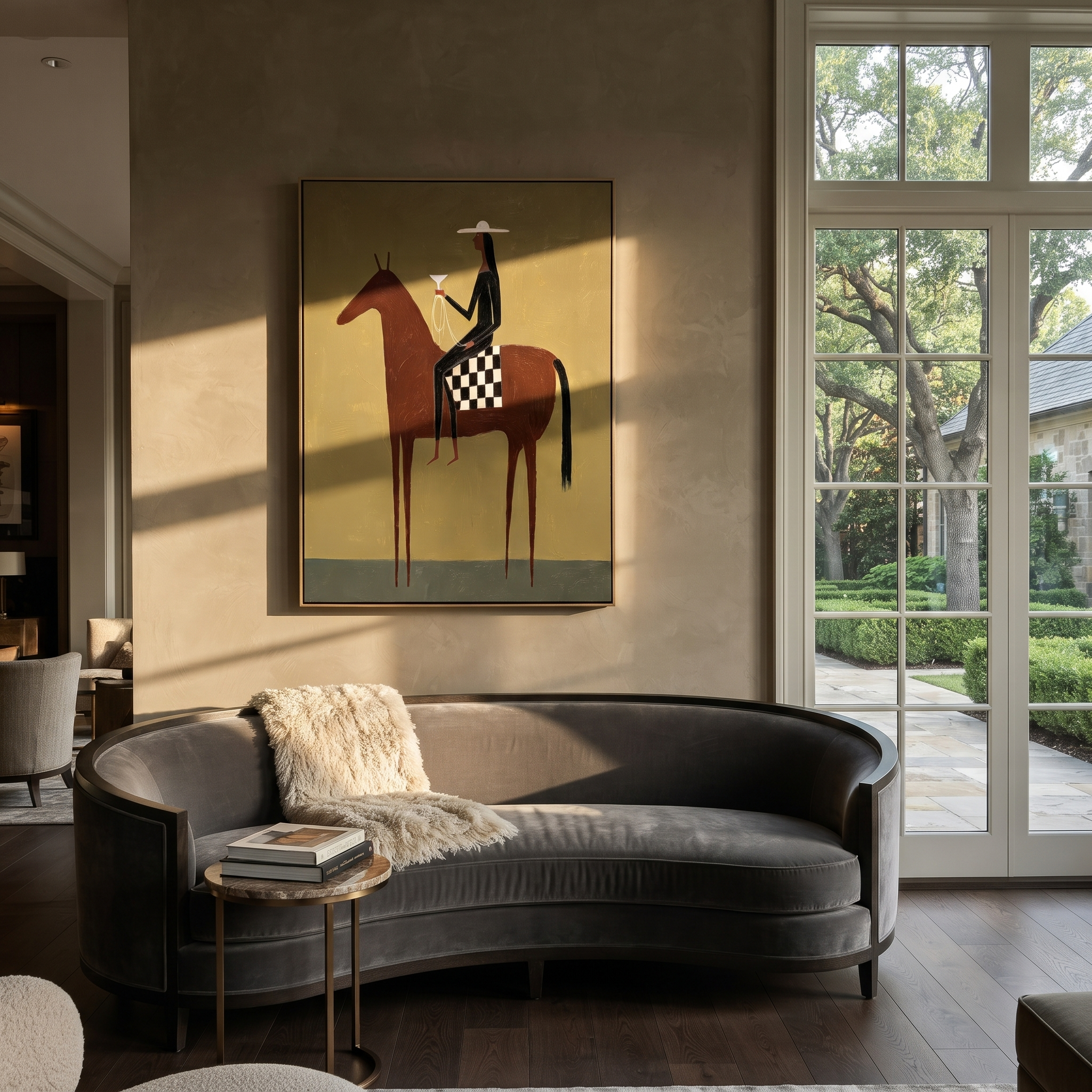 Checkered Saddle Faces West displayed in a collected contemporary interior