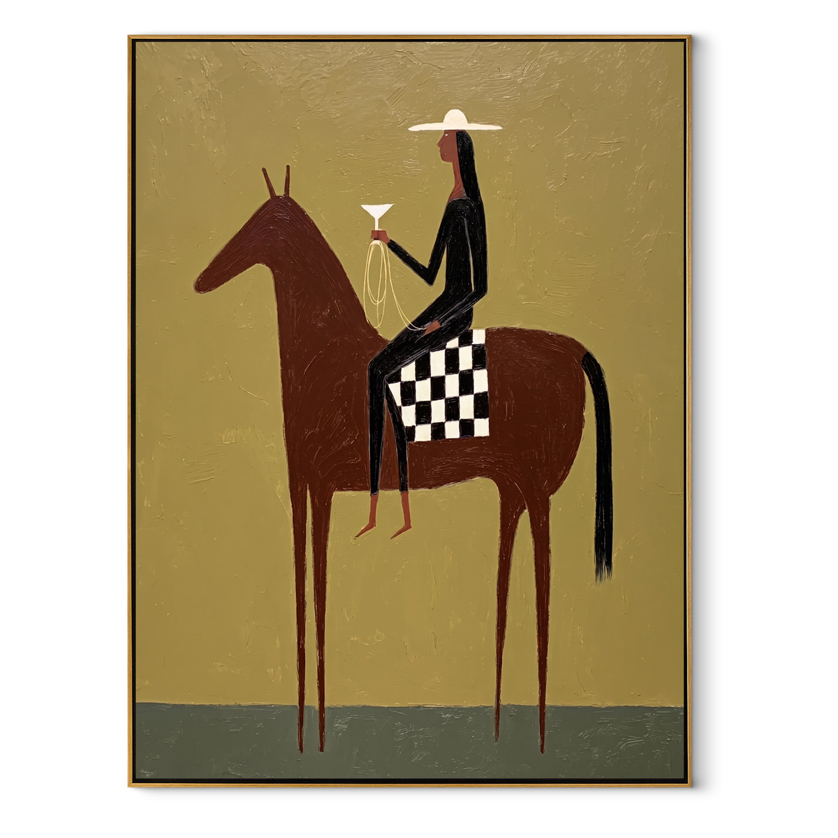 Checkered Saddle Faces West equestrian horse painting, vertical canvas artwork