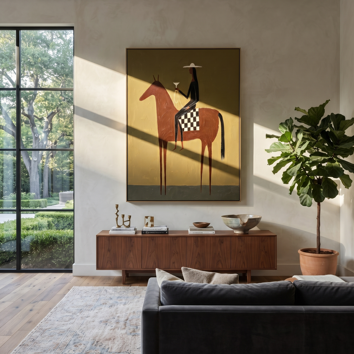 Checkered Saddle Faces West displayed in a layered residential setting