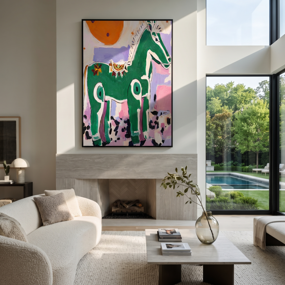 Green Horse Greets Sun displayed in a collected contemporary interior