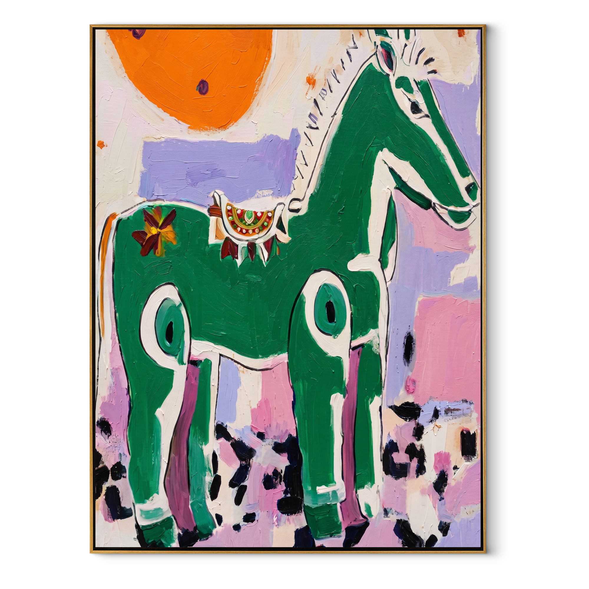 Green Horse Greets Sun equestrian horse painting, vertical canvas artwork