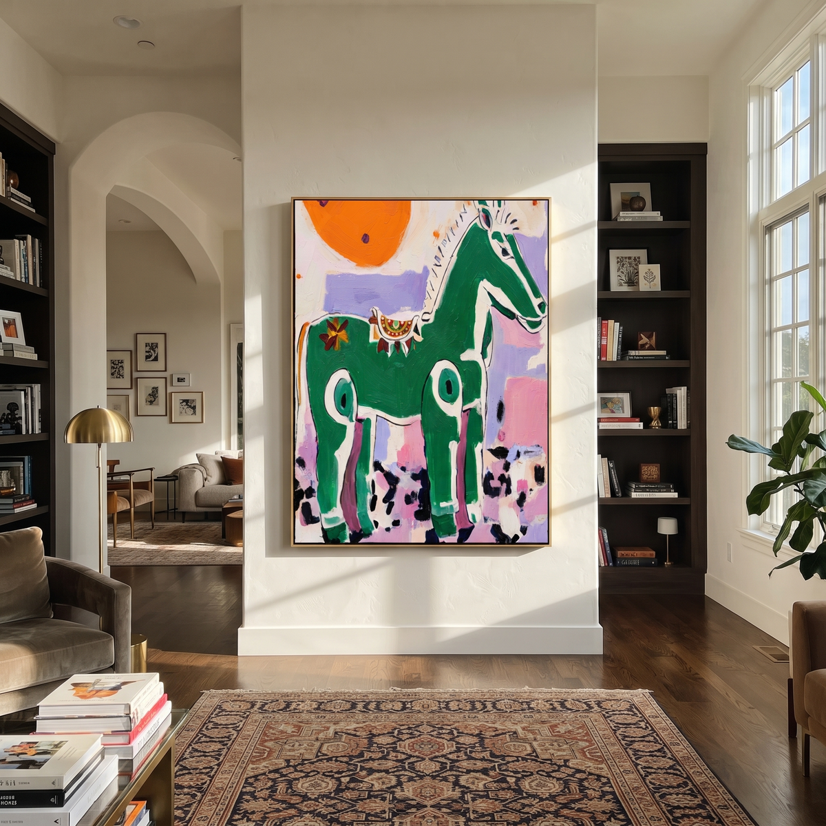 Green Horse Greets Sun displayed in a layered residential setting