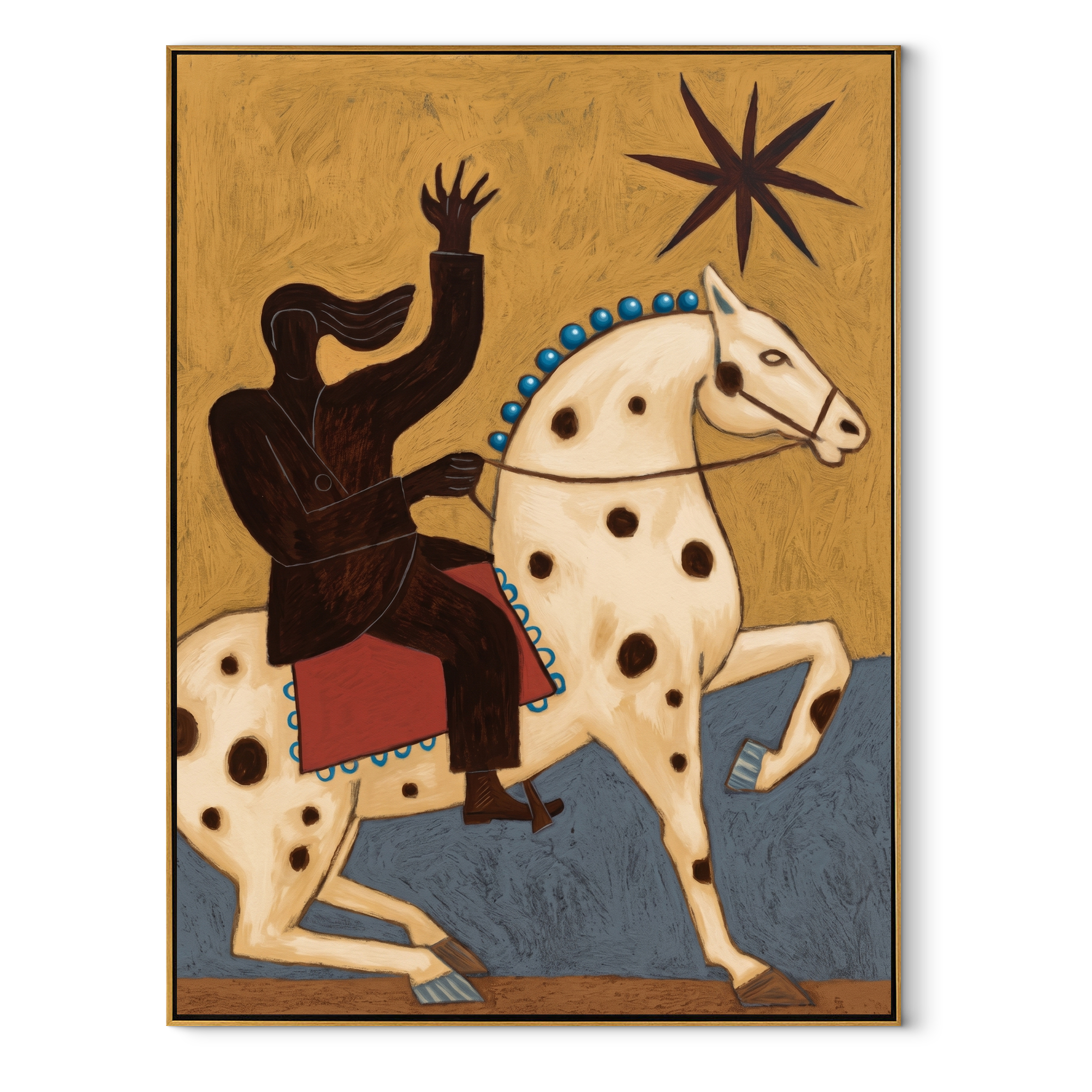 Raised Hand Meets Starlight equestrian horse painting, vertical canvas artwork