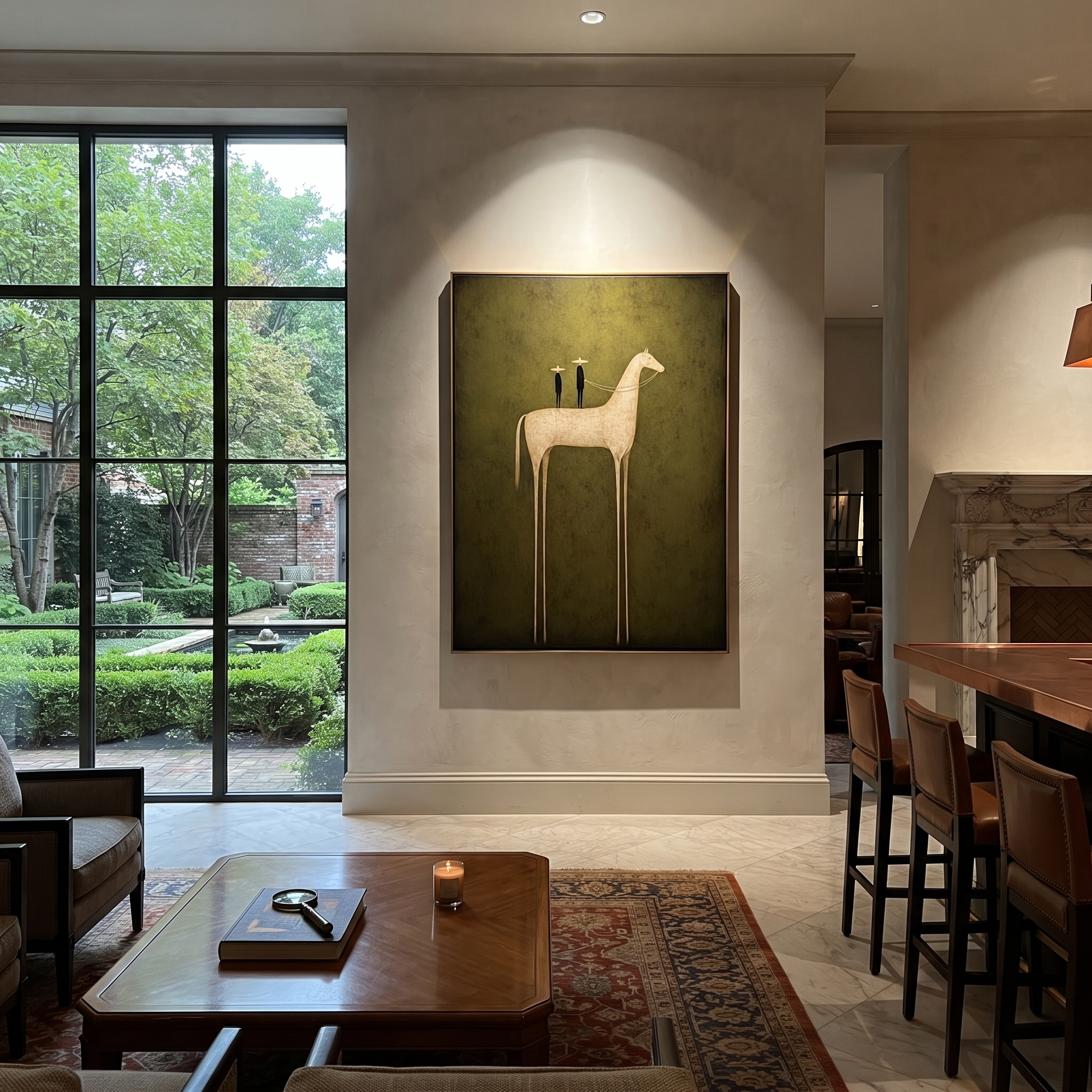 Two Figures Ride Ivory presented as a colorful interior focal point