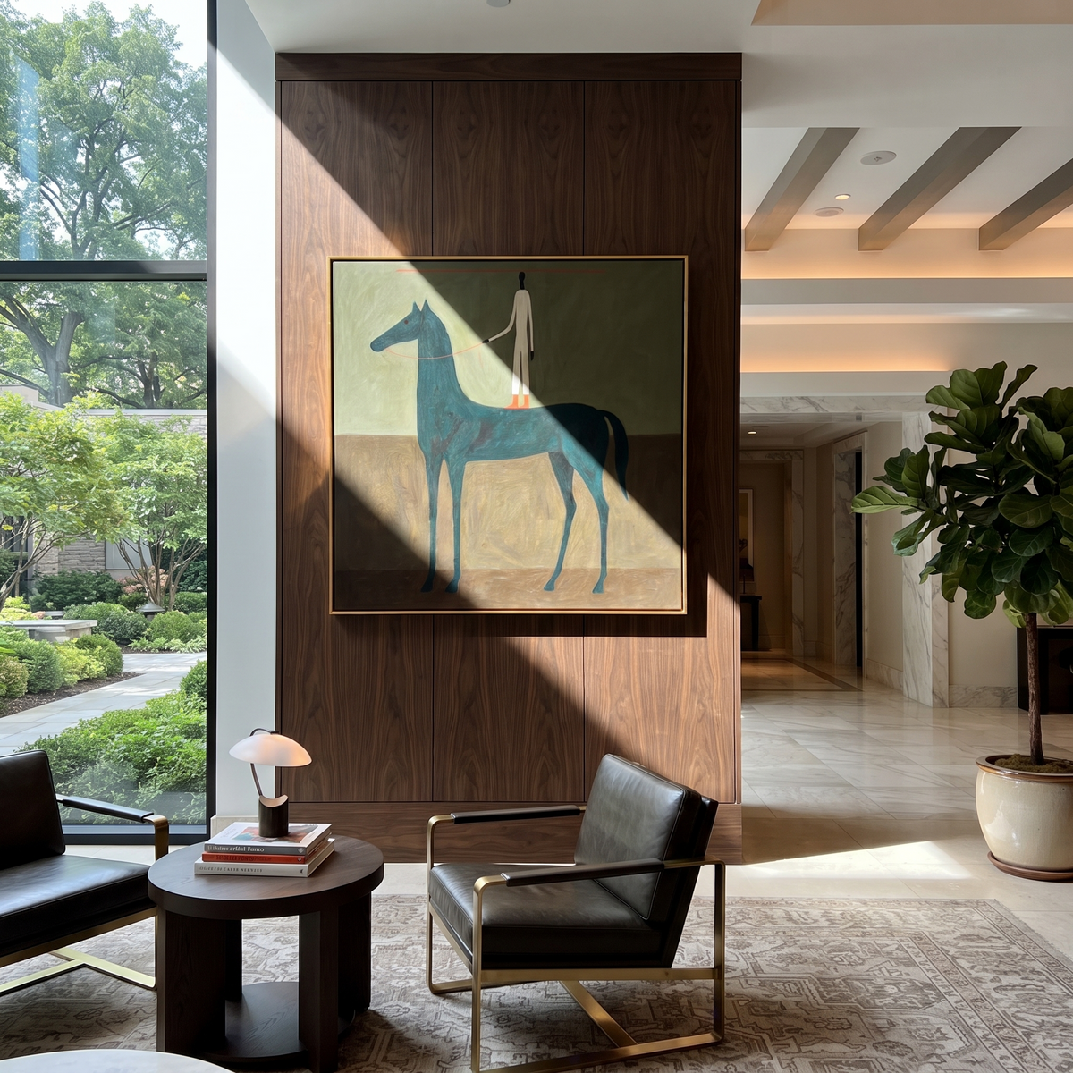 White Figure Stands Horseback styled with warm modern furnishings