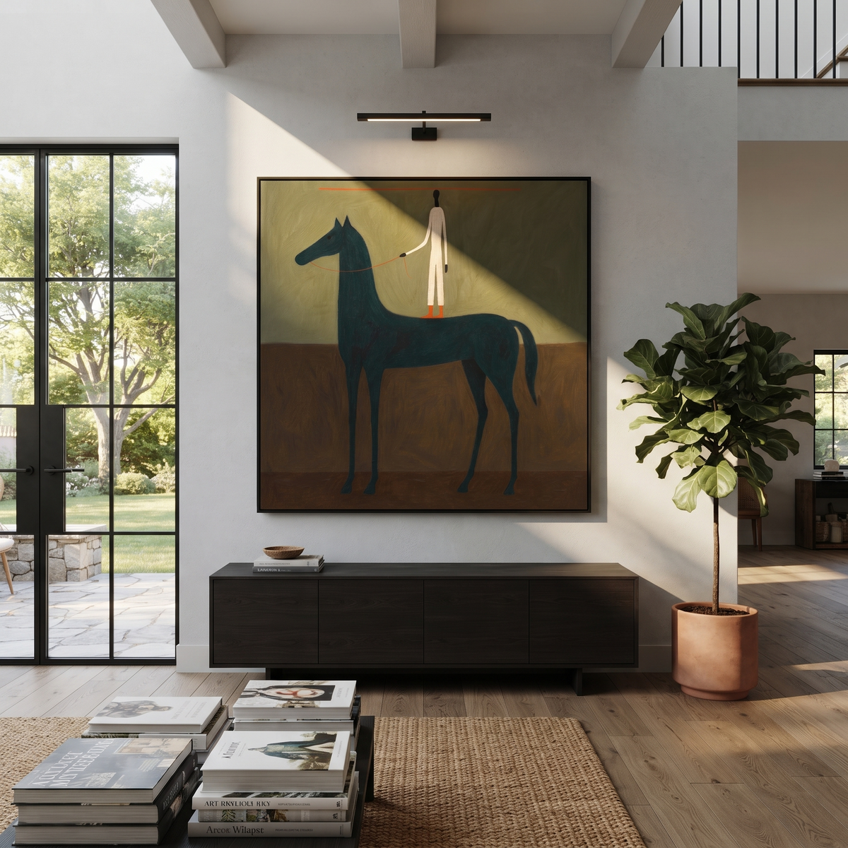 White Figure Stands Horseback presented as a colorful interior focal point