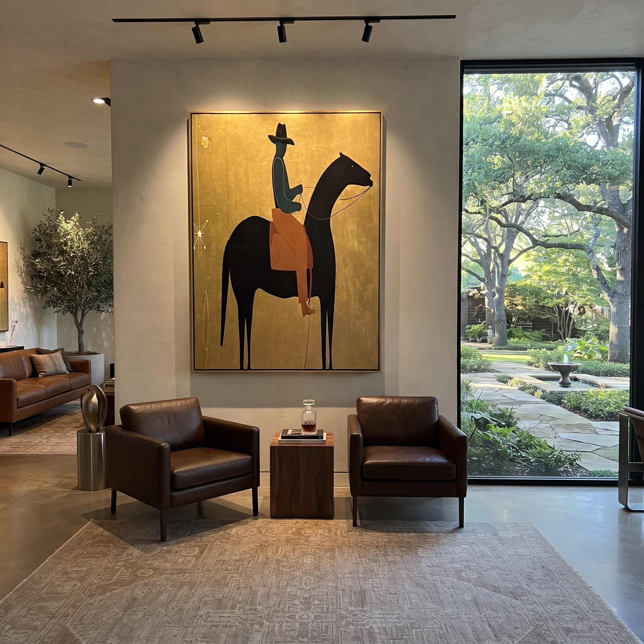 Teal Rider Crosses Gold styled with warm modern furnishings