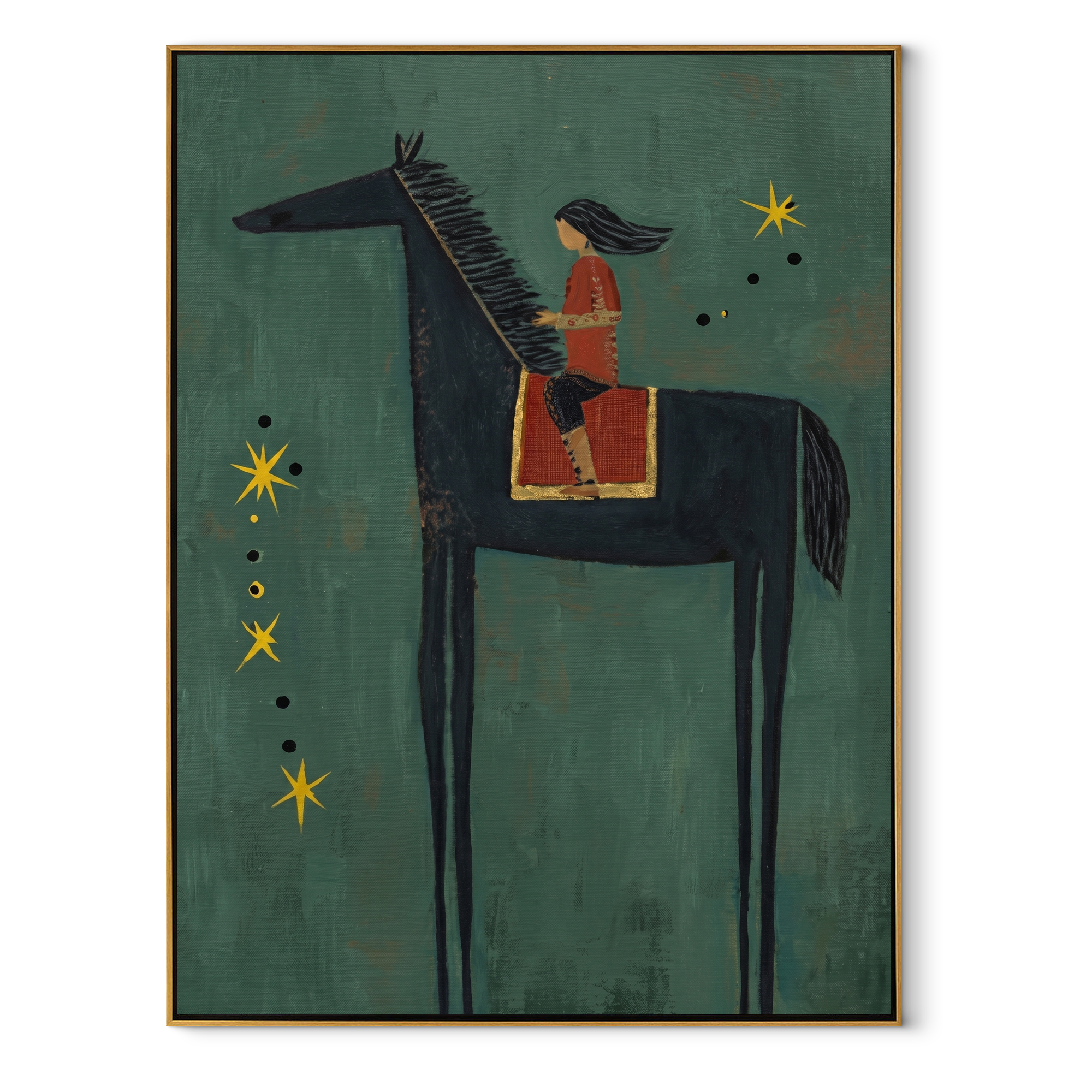 Red Rider Follows Stars equestrian horse painting, vertical canvas artwork