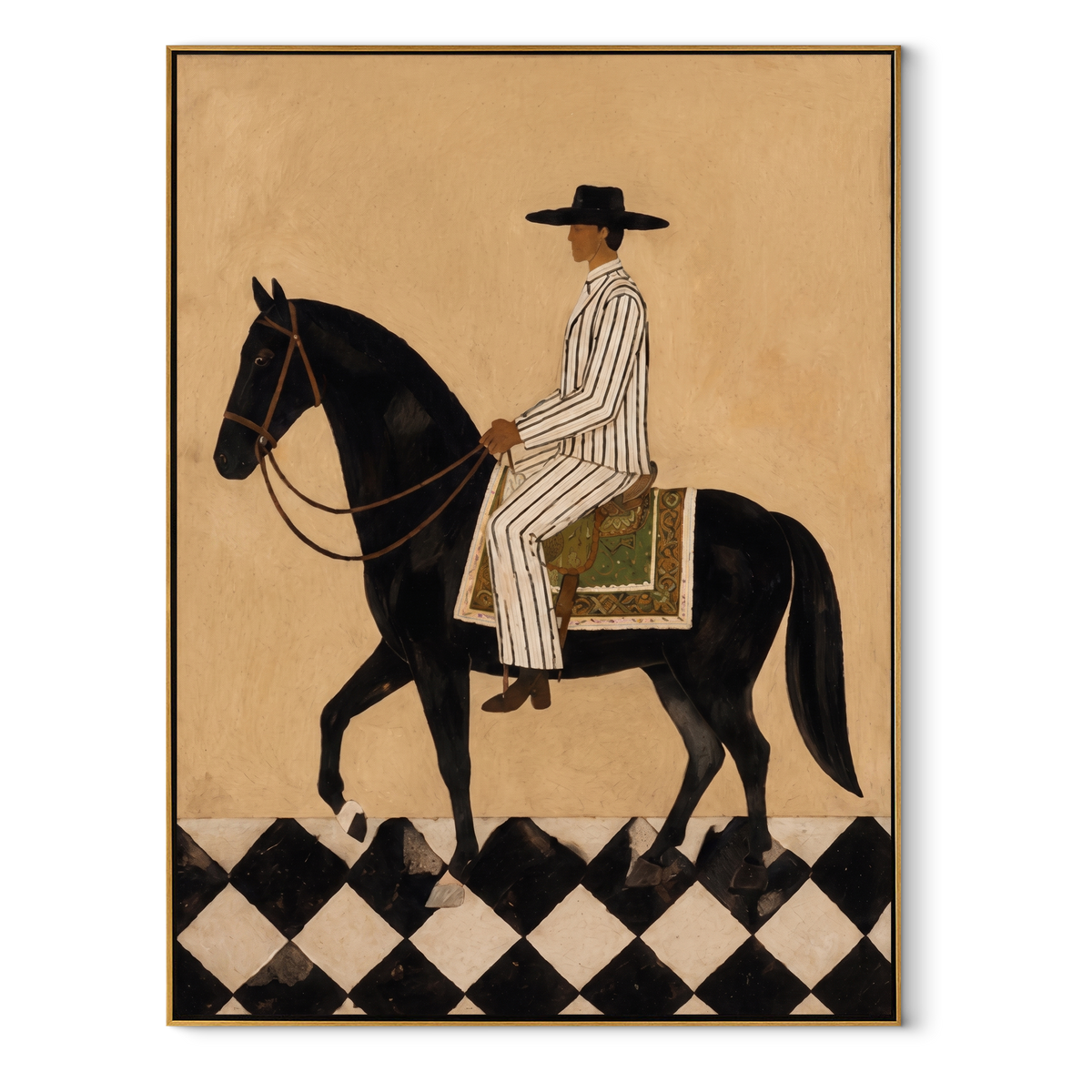 Striped Cowboy Crosses Diamonds equestrian horse painting, vertical canvas artwork